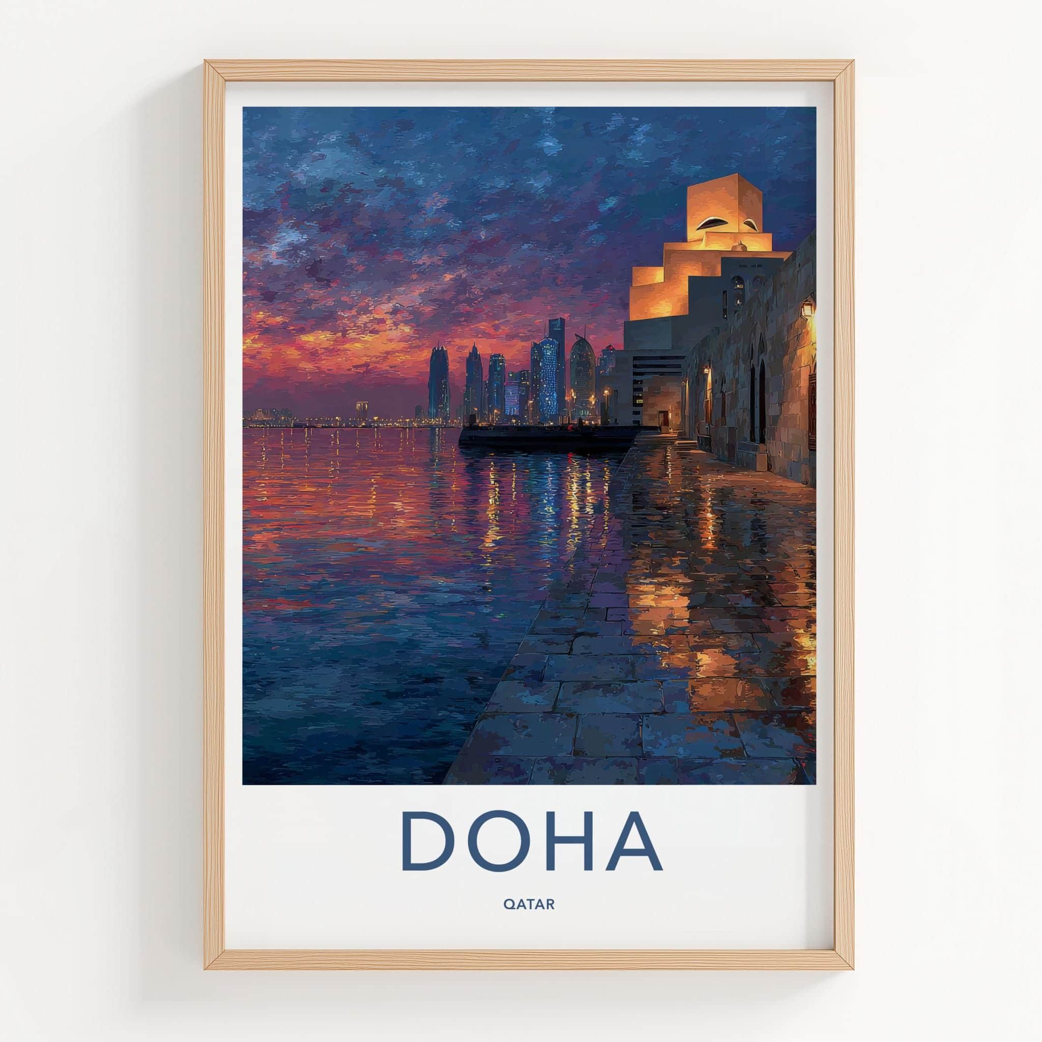 Doha Poster - Qatar Travel Art - Dusk Waterfront Skyline Home Decor