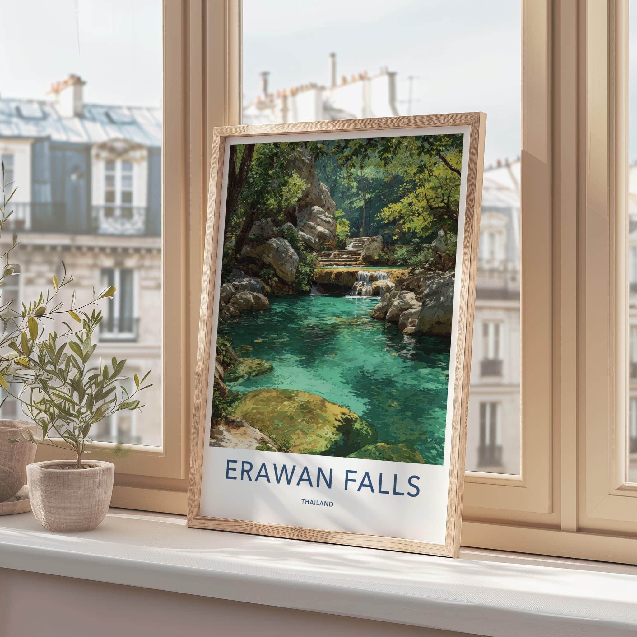 Erawan Falls Poster - Thailand Travel Art - Turquoise Tiers Forest Home Decor