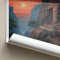 Ajanta Caves Poster - India Travel Illustration - Ancient Caves Sunset Home Decor