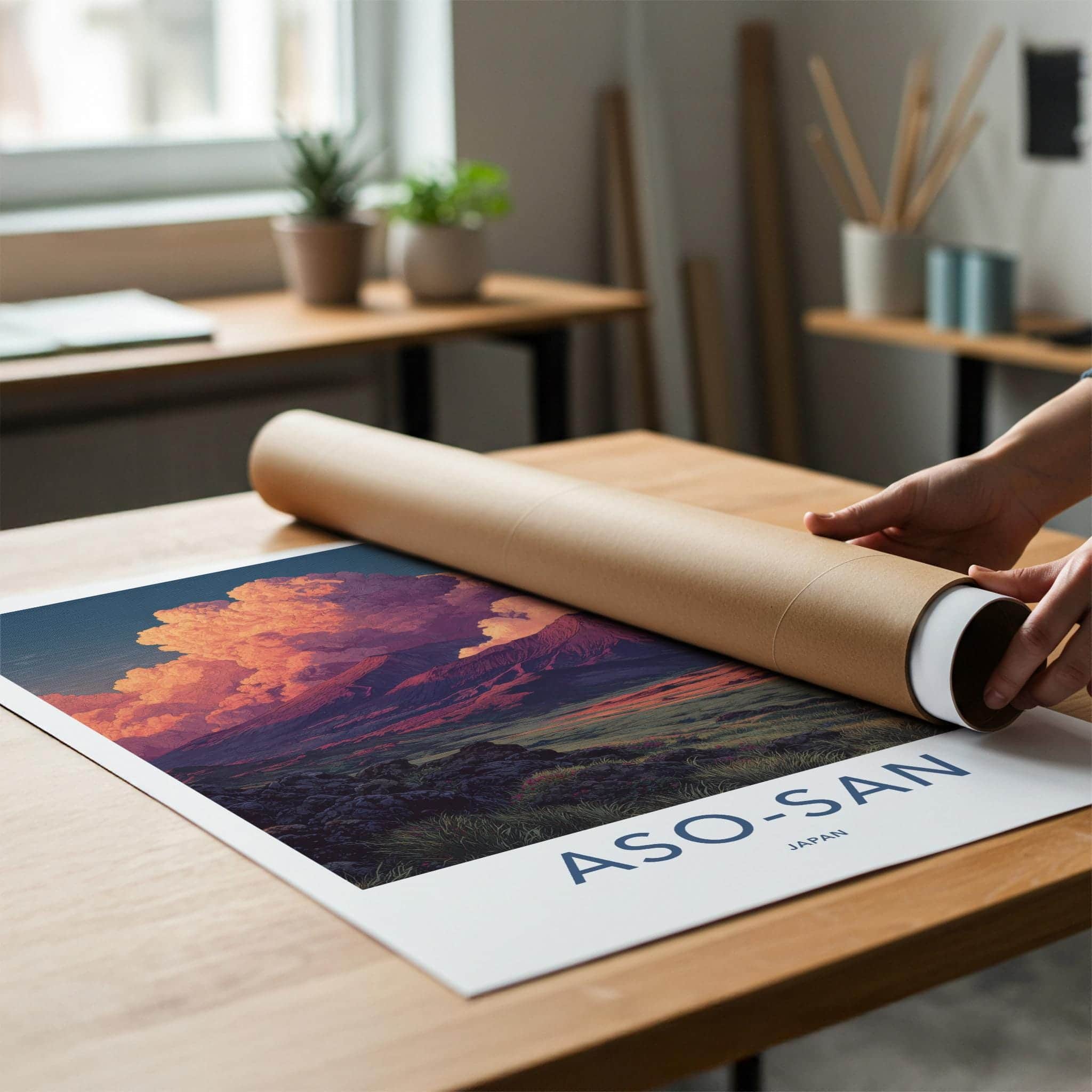 Aso-san Poster - Japan Scenic Art - Fiery Sky Mountains Home Decor