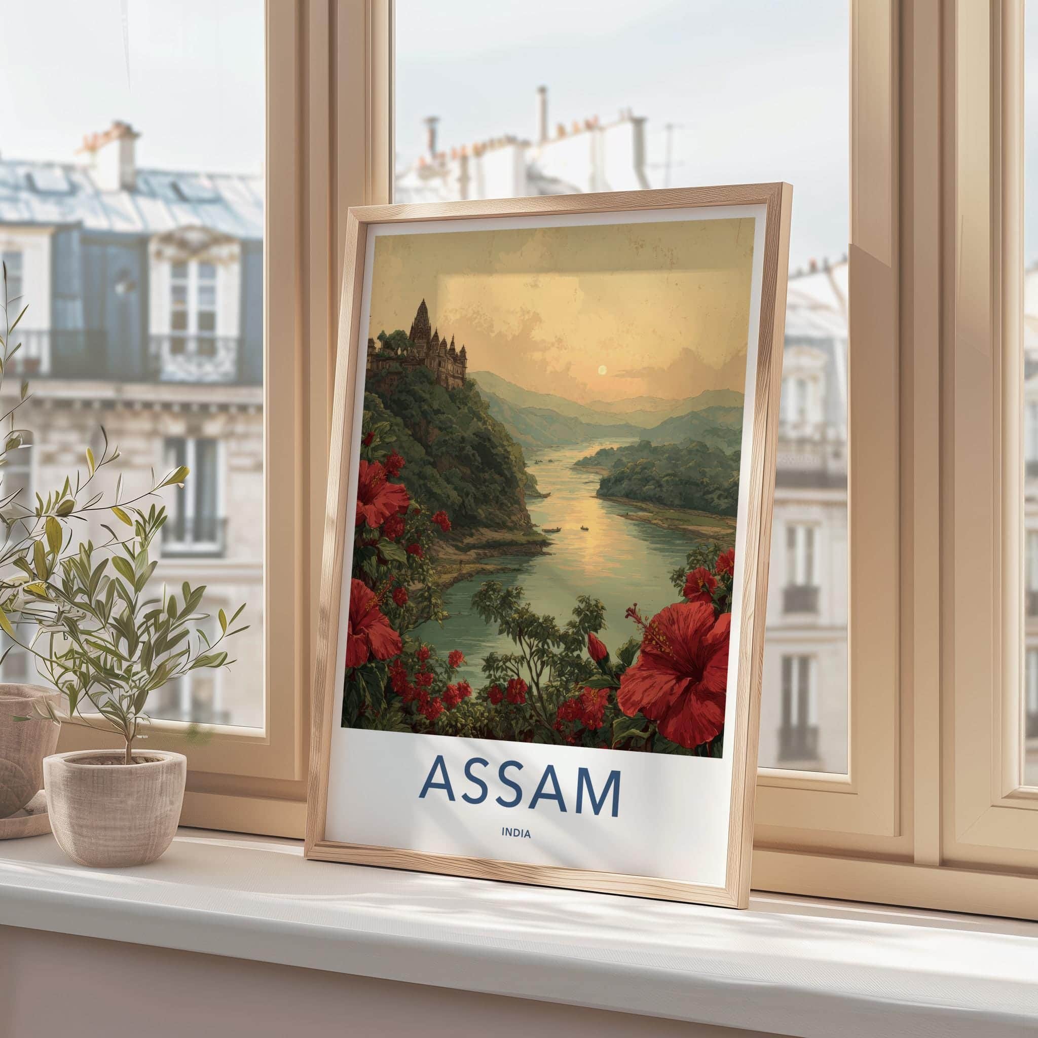 Assam Poster - India Travel Art - River temple sunset Wall Decor