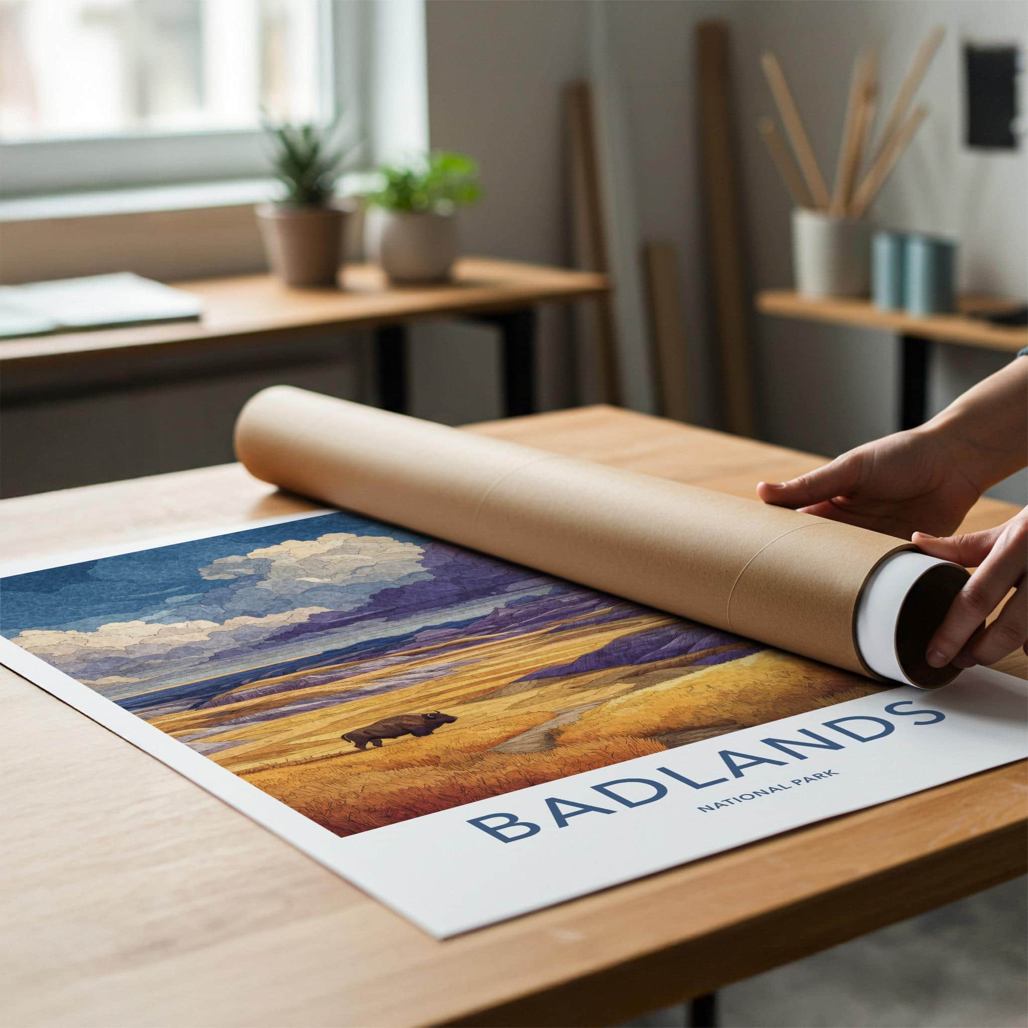Badlands Poster - South Dakota Travel Art - Bison Layered Hills Travel Decor