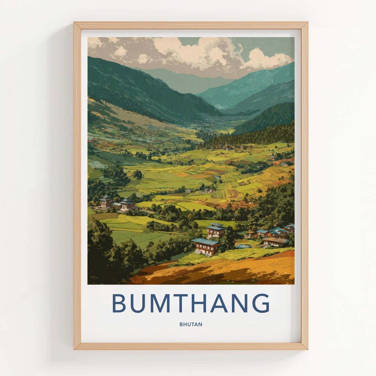 Bumthang Poster - Bhutan Travel Art - Green terraced fields Home Decor