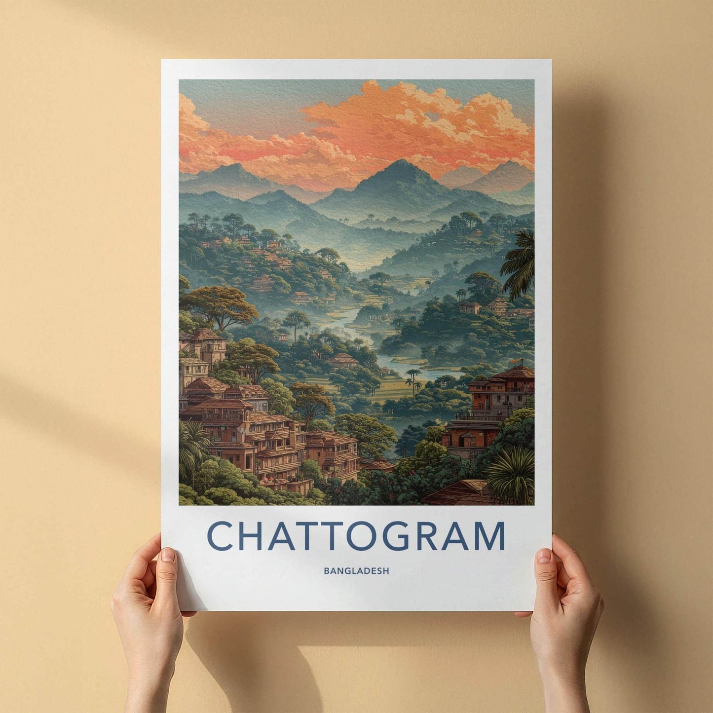 Chattogram Poster - Bangladesh Travel Art - Hillside Village Sunset Home Decor