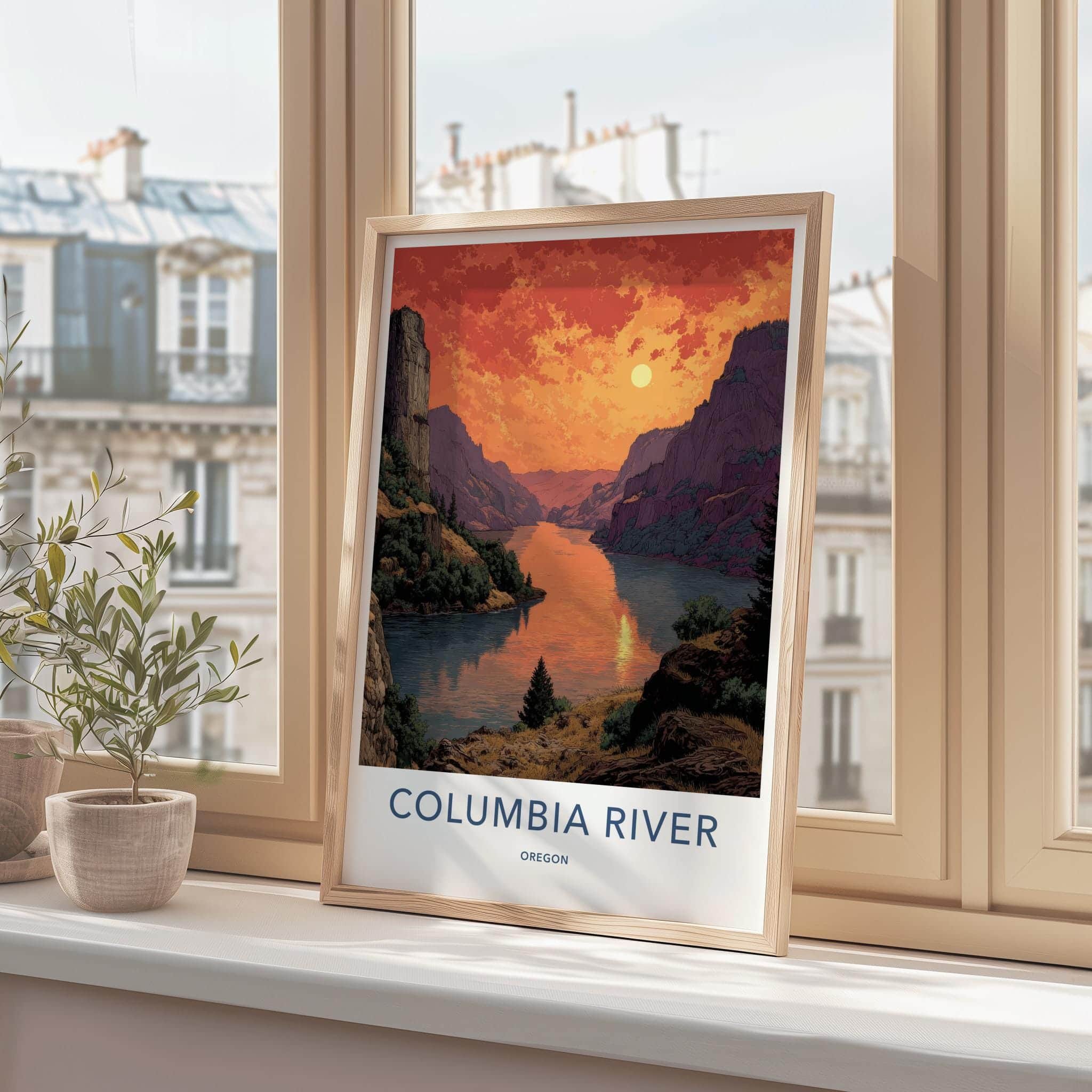 Columbia River Poster - Oregon Travel Print - Fiery Gorge Sunset Home Art