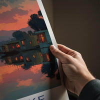 Dal Lake Poster - India Travel Art - Jammu Kashmir Scenic Houseboat Sunset Home Decor