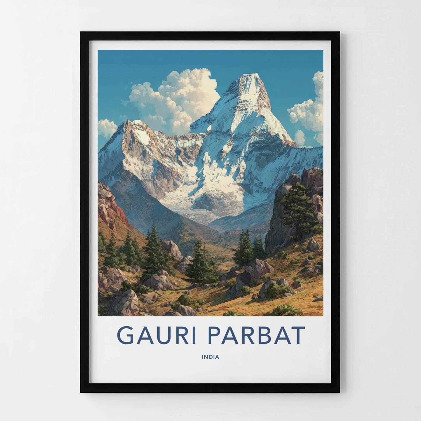 Gauri Parbat Poster - India Travel Art - Uttarakhand Snowy Peaks Green Wall Decor