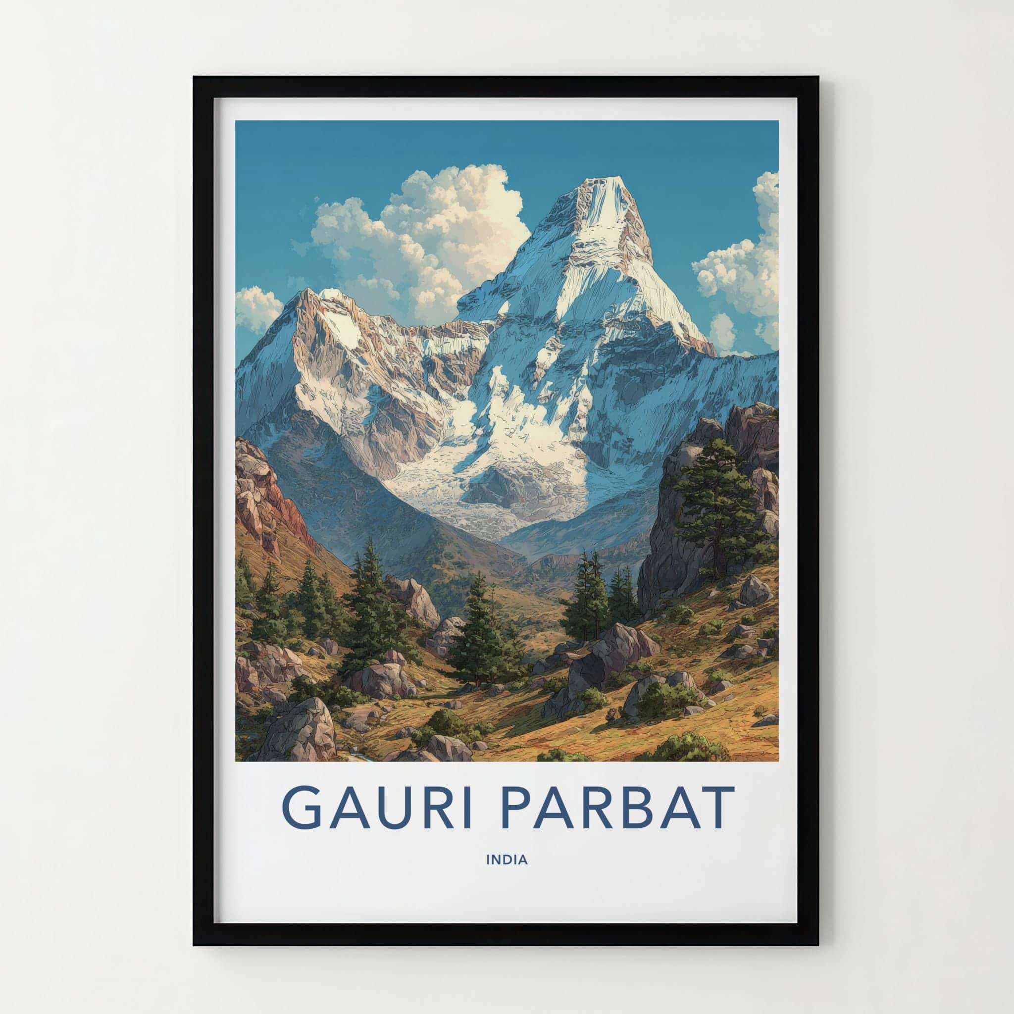 Gauri Parbat Poster - India Travel Art - Uttarakhand Snowy Peaks Green Wall Decor