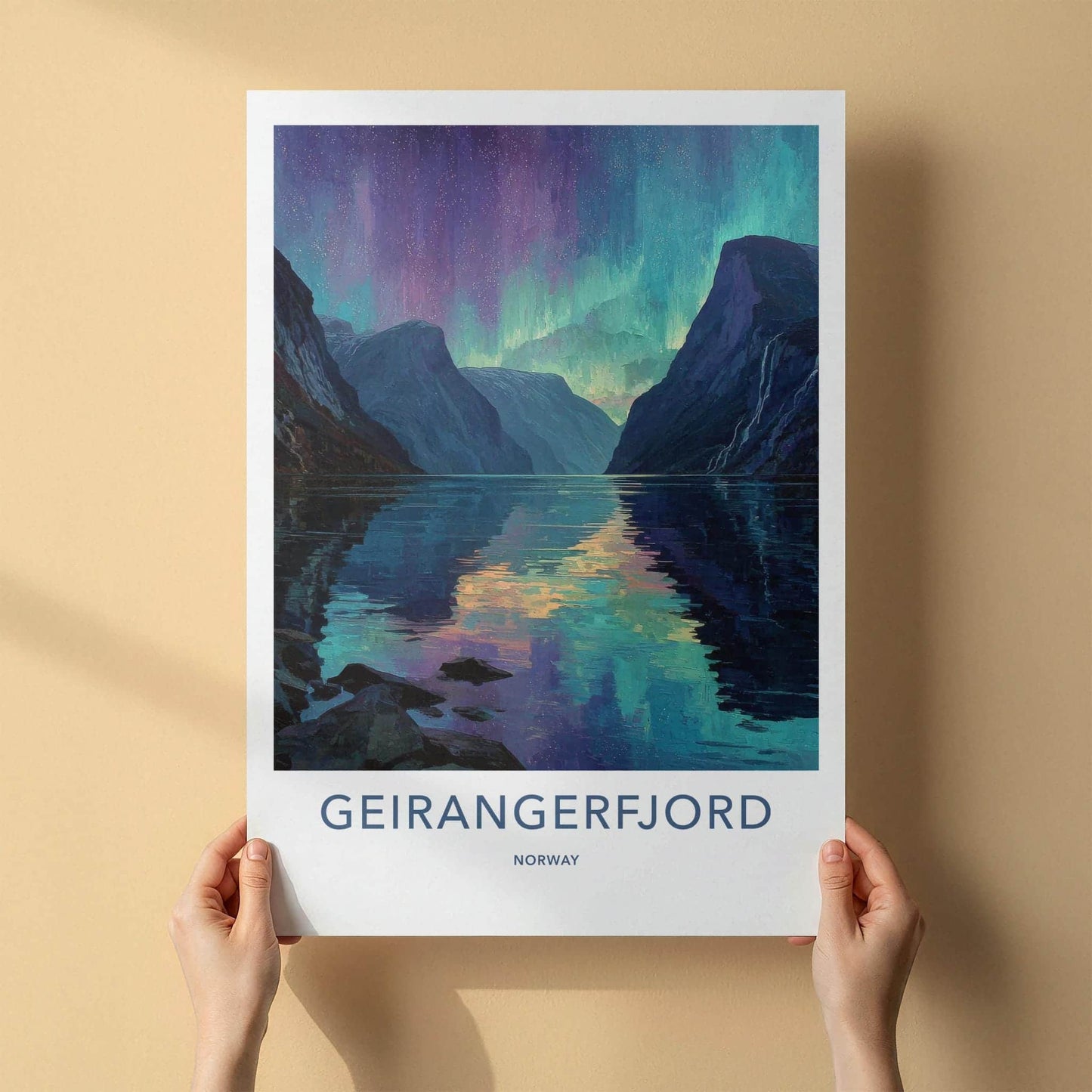 Geirangerfjord Poster - Norway Travel Art - Vibrant Northern Lights Home Decor