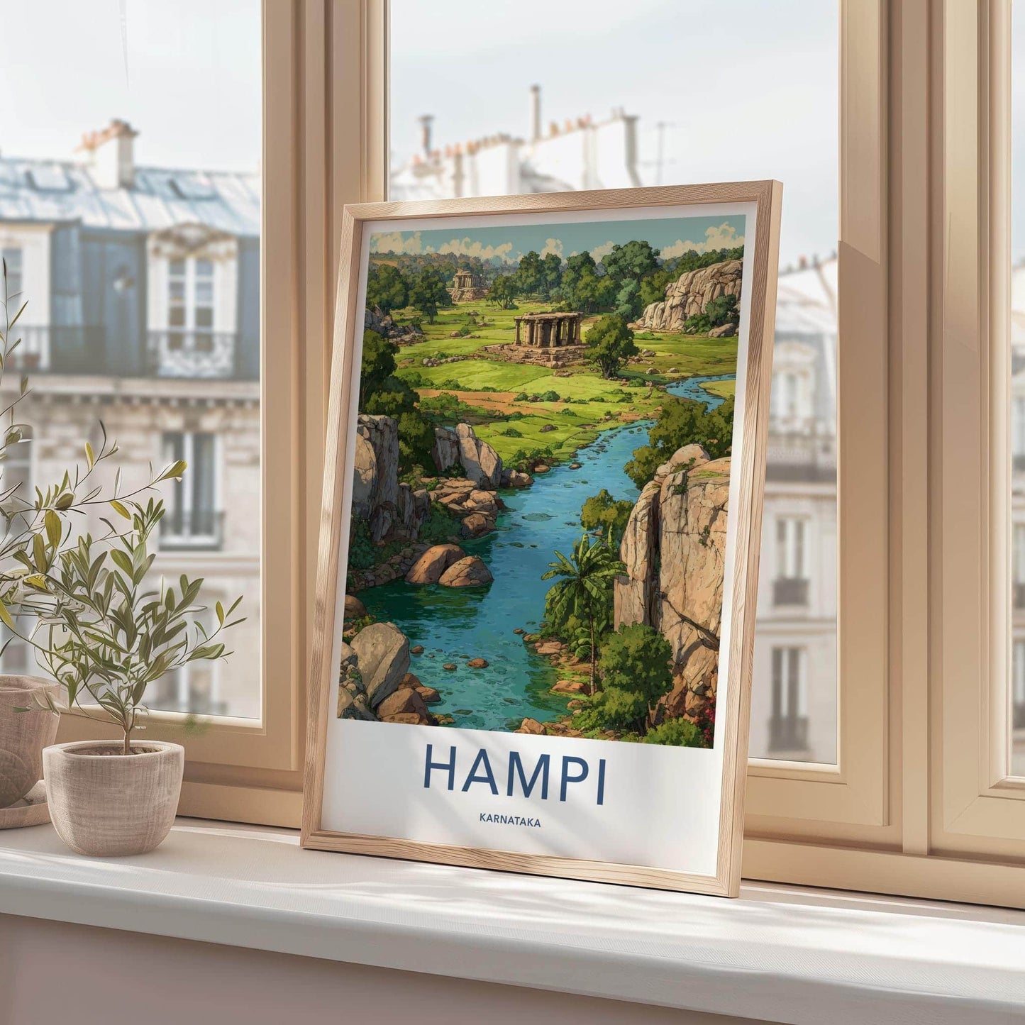 Hampi Poster - India Travel Art - Karnataka River Ruins Wall Decor