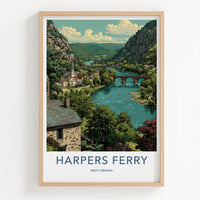 Harpers Ferry Poster - West Virginia Travel Art - Mountain River Town Home Decor