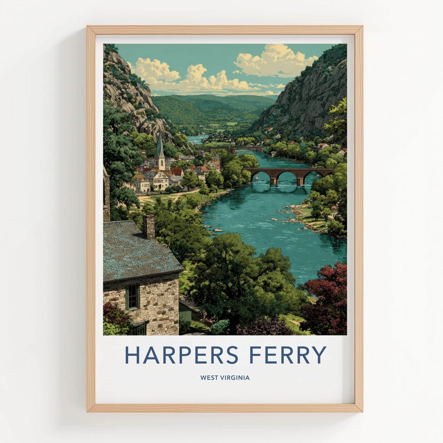Harpers Ferry Poster - West Virginia Travel Art - Mountain River Town Home Decor