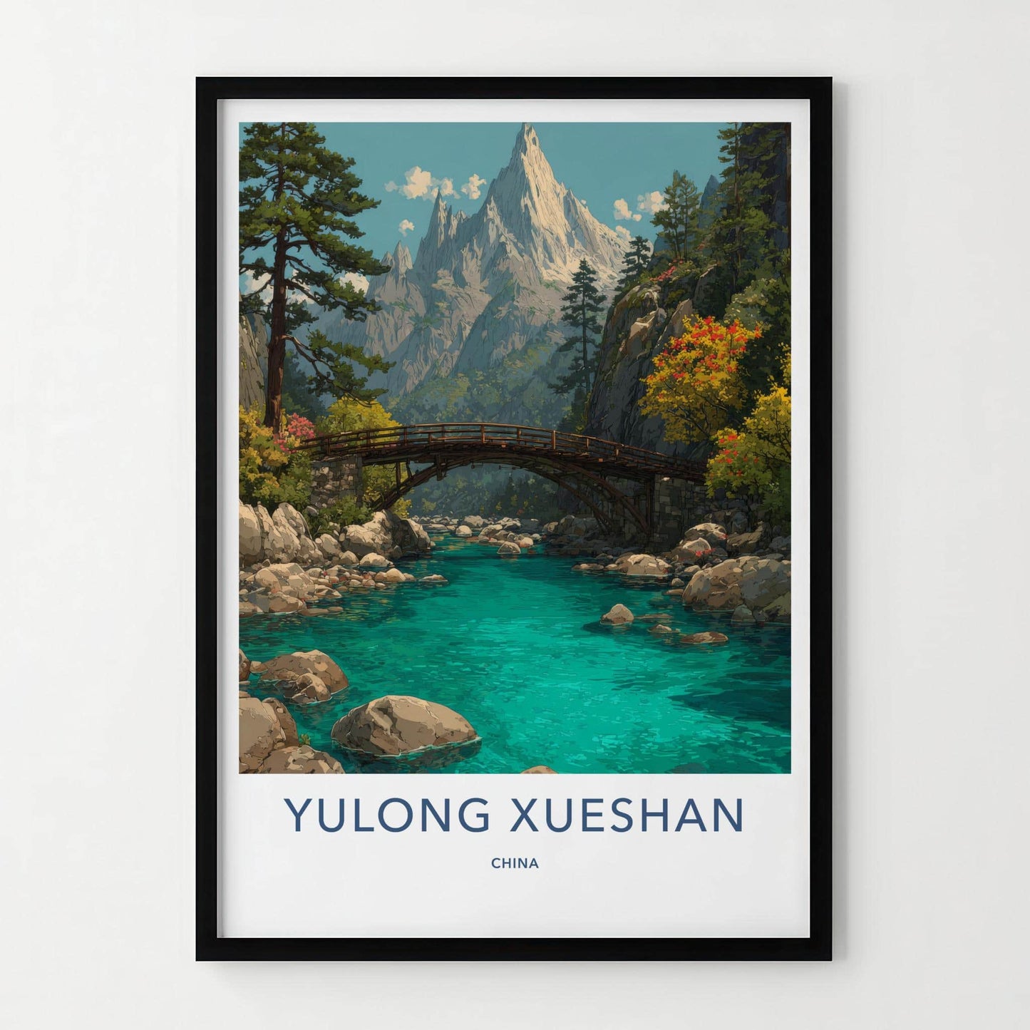 Yulong Xueshan Poster - China Travel Art - Mountain River Bridge Home Decor