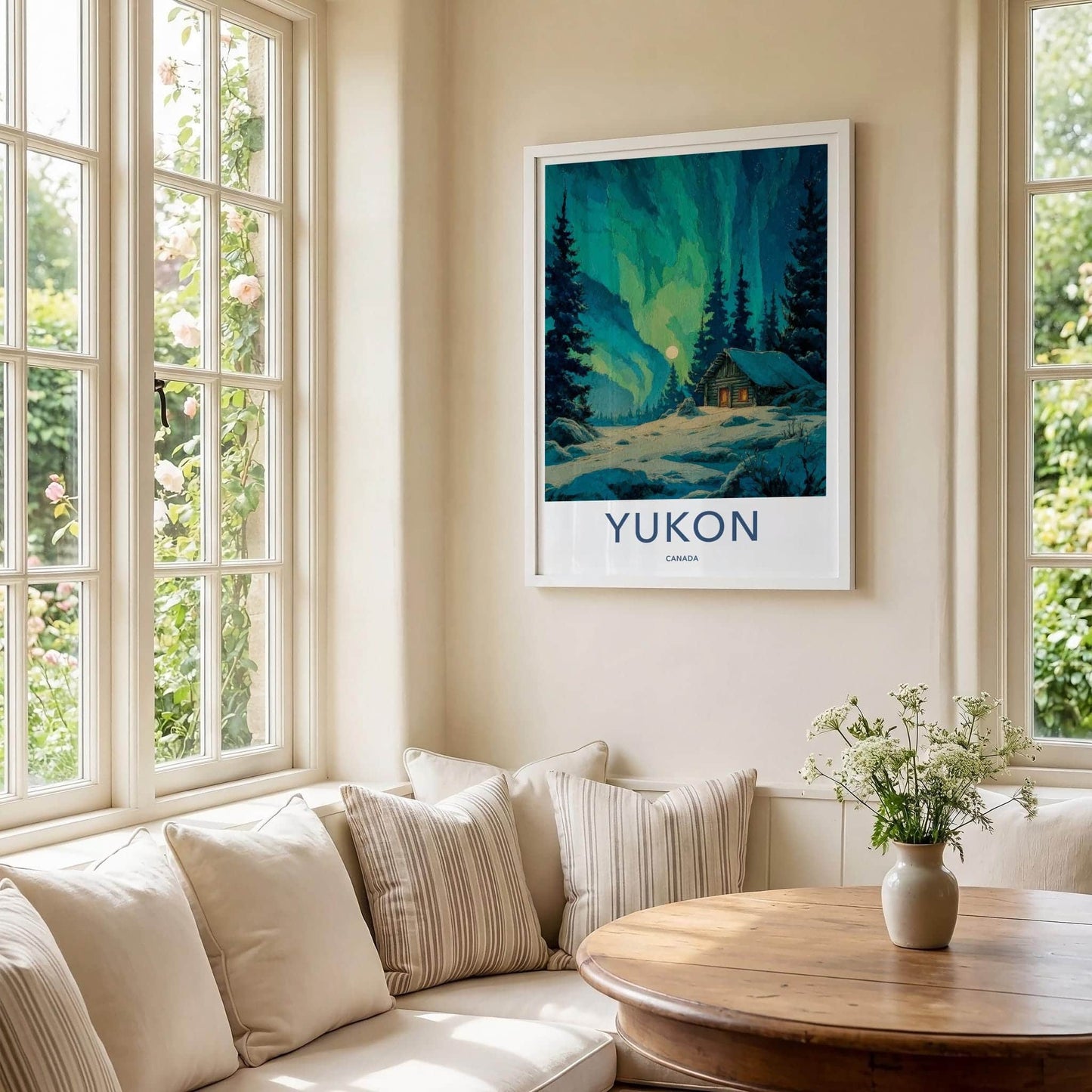 Yukon Poster - Canada Travel Art - Moonlit Cabin Aurora Home Decor