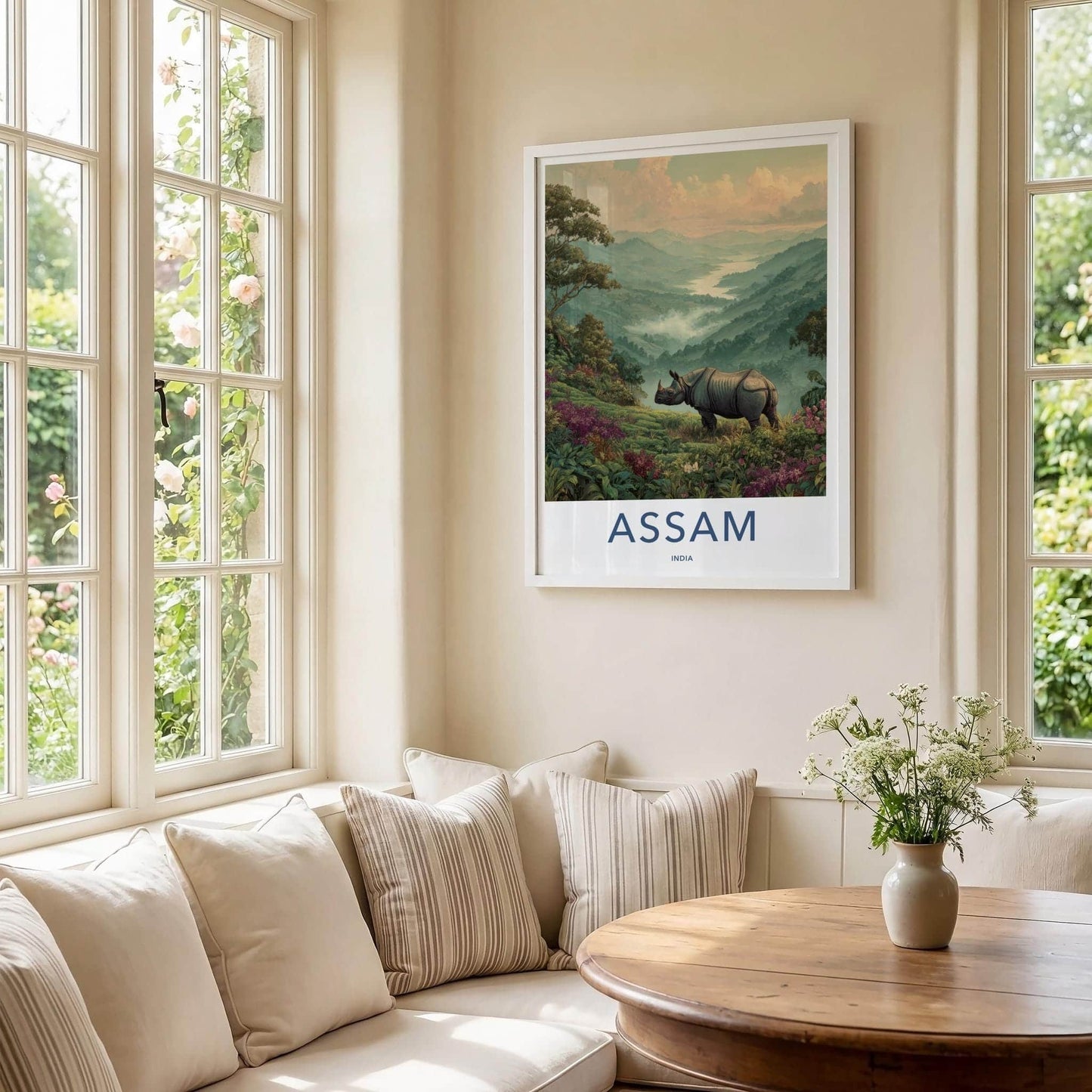 Assam Poster - India Travel Art - Assam Rhinoceros Mountain View Home Decor