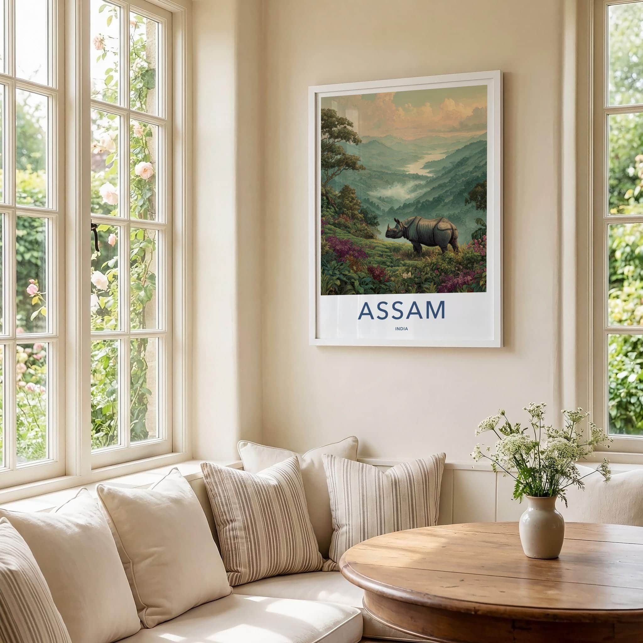 Assam Poster - India Travel Art - Assam Rhinoceros Mountain View Home Decor
