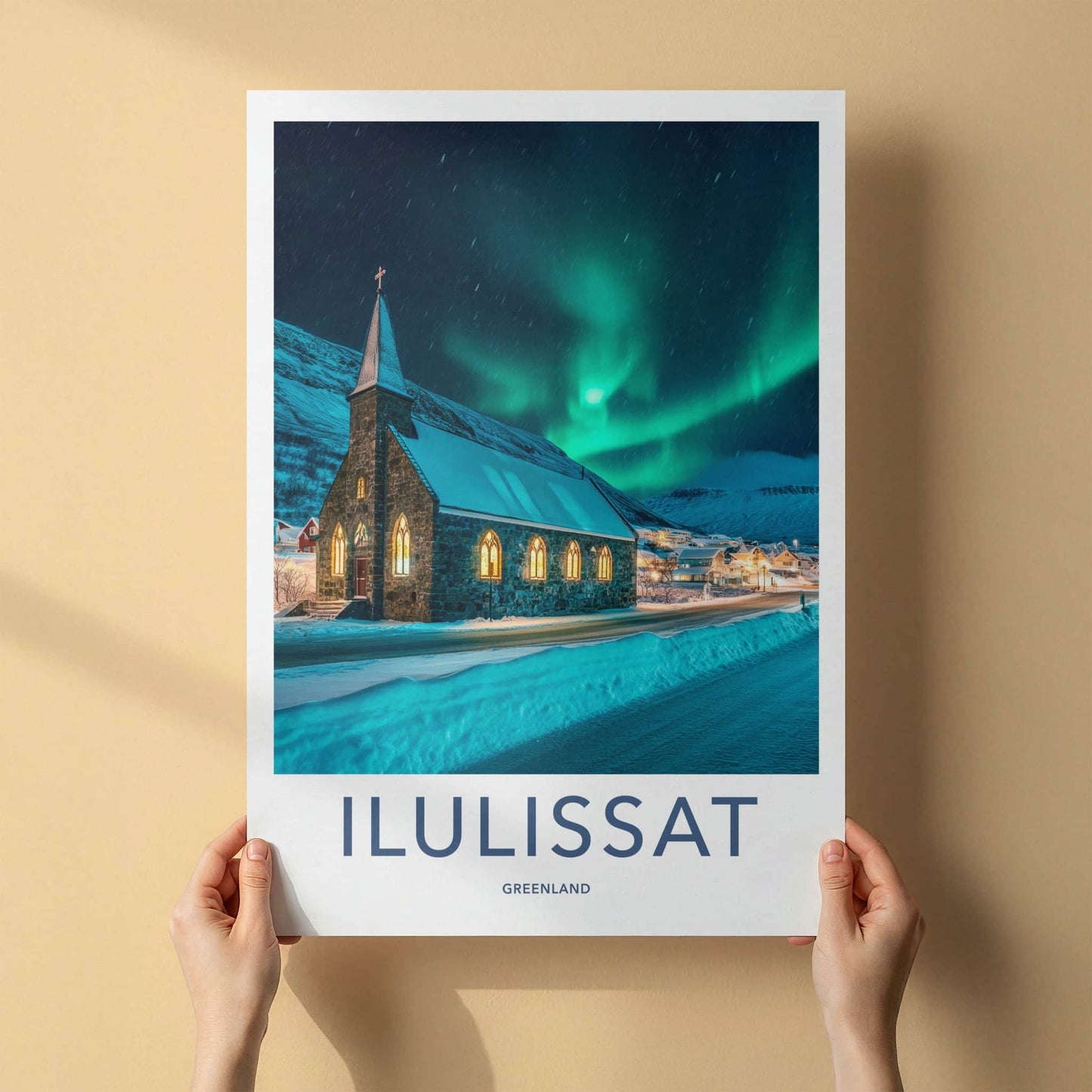 ILULISSAT Poster - Greenland Travel Art - Aurora Church Winter Home Decor