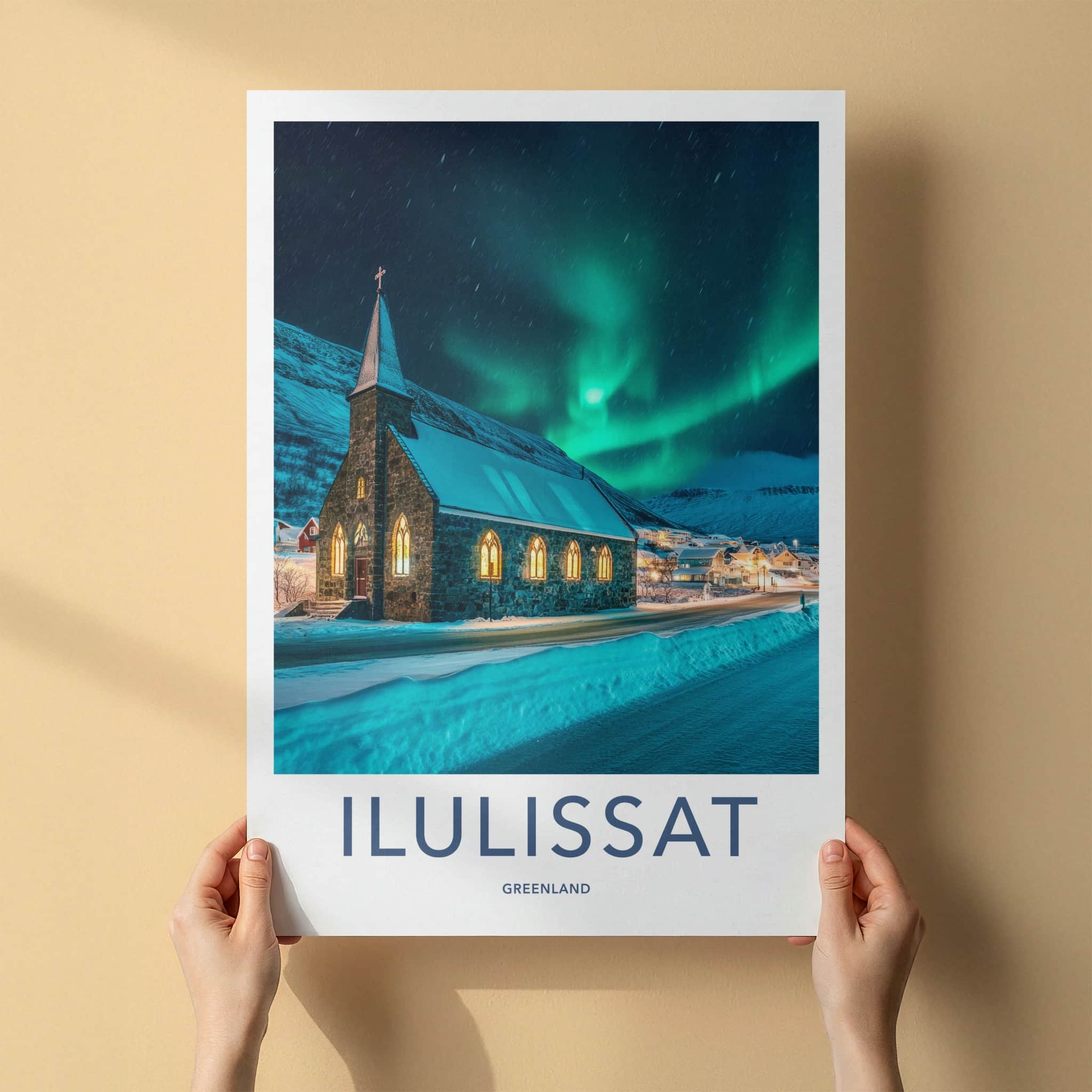 ILULISSAT Poster - Greenland Travel Art - Aurora Church Winter Home Decor