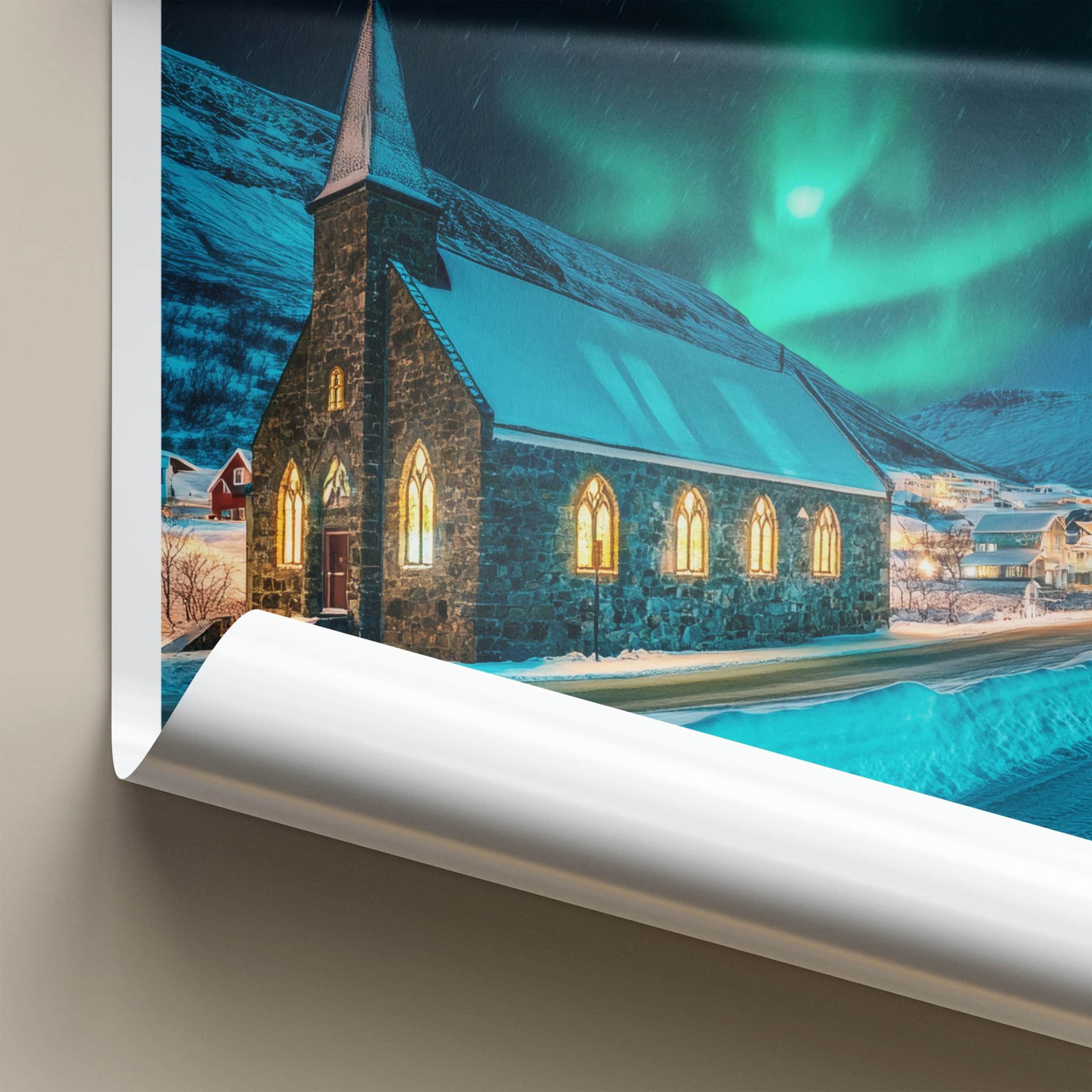 ILULISSAT Poster - Greenland Travel Art - Aurora Church Winter Home Decor