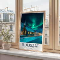 ILULISSAT Poster - Greenland Travel Art - Aurora Church Winter Home Decor