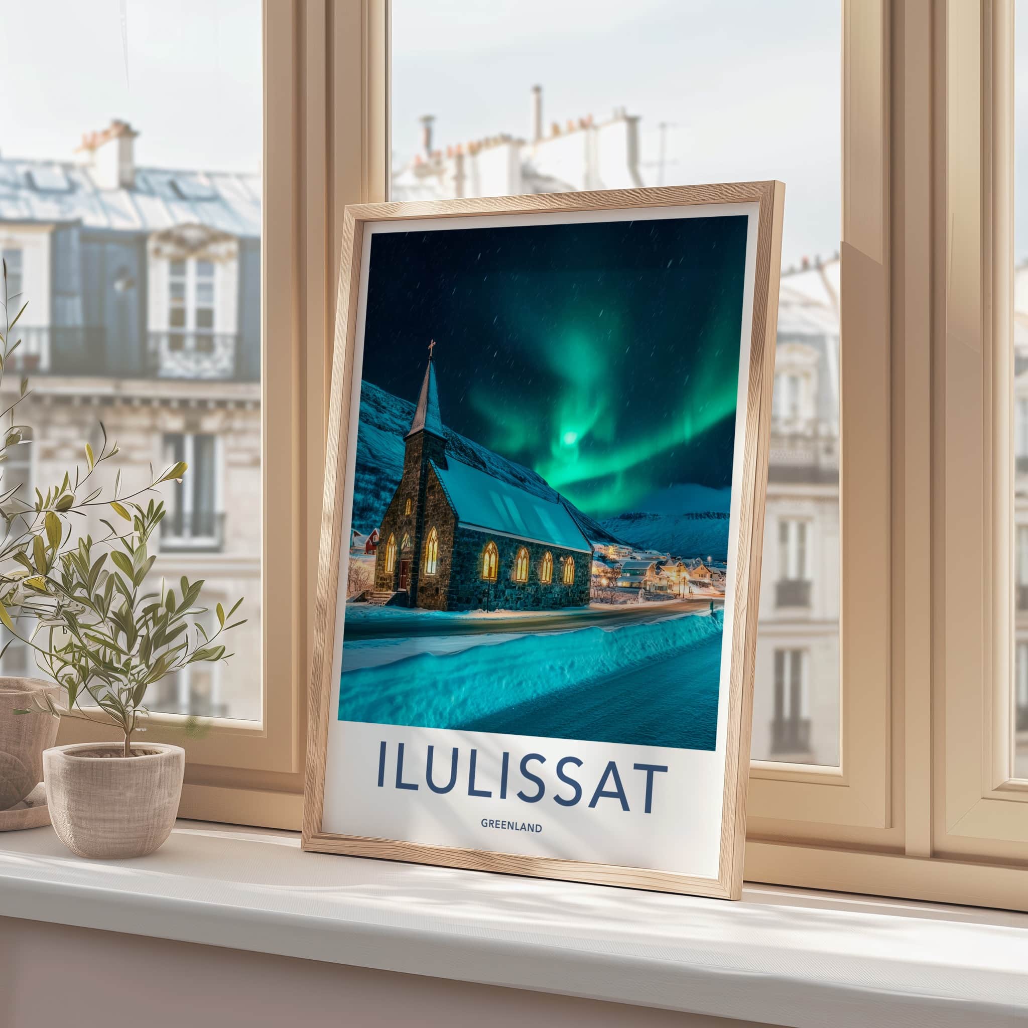 ILULISSAT Poster - Greenland Travel Art - Aurora Church Winter Home Decor