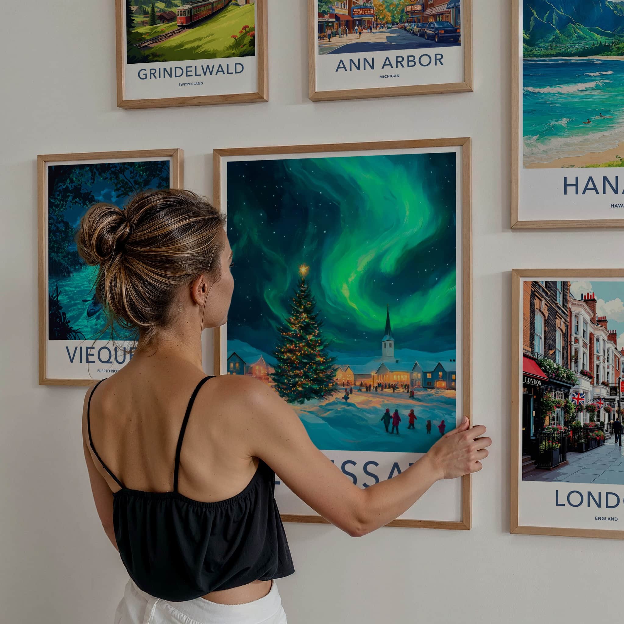 Ilulissat Poster - Greenland Travel Art - Christmas Aurora Village Home Decor