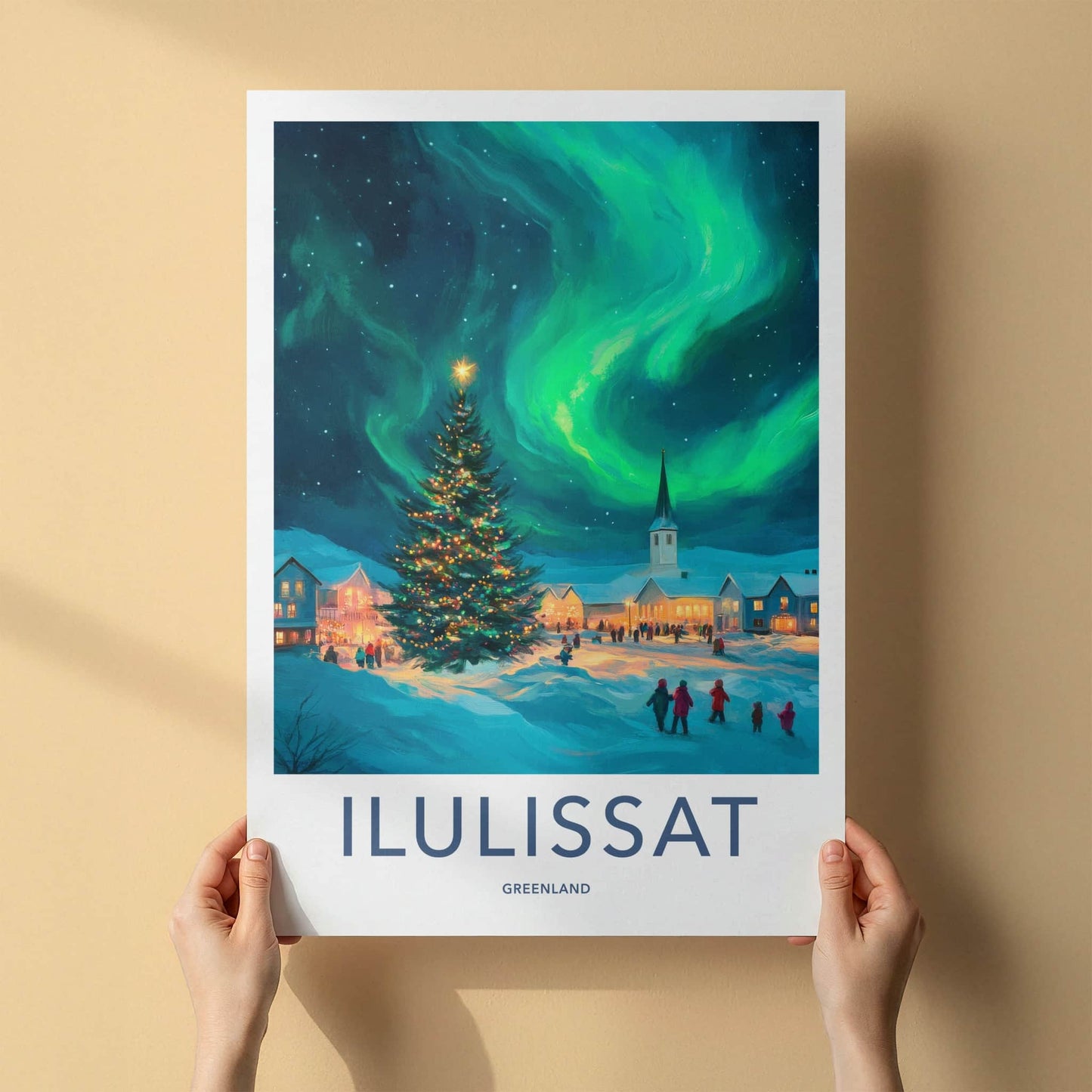 Ilulissat Poster - Greenland Travel Art - Christmas Aurora Village Home Decor