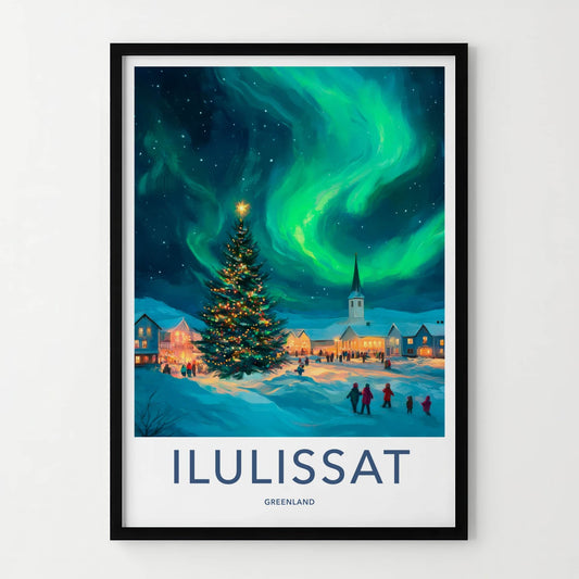Ilulissat Poster - Greenland Travel Art - Christmas Aurora Village Home Decor