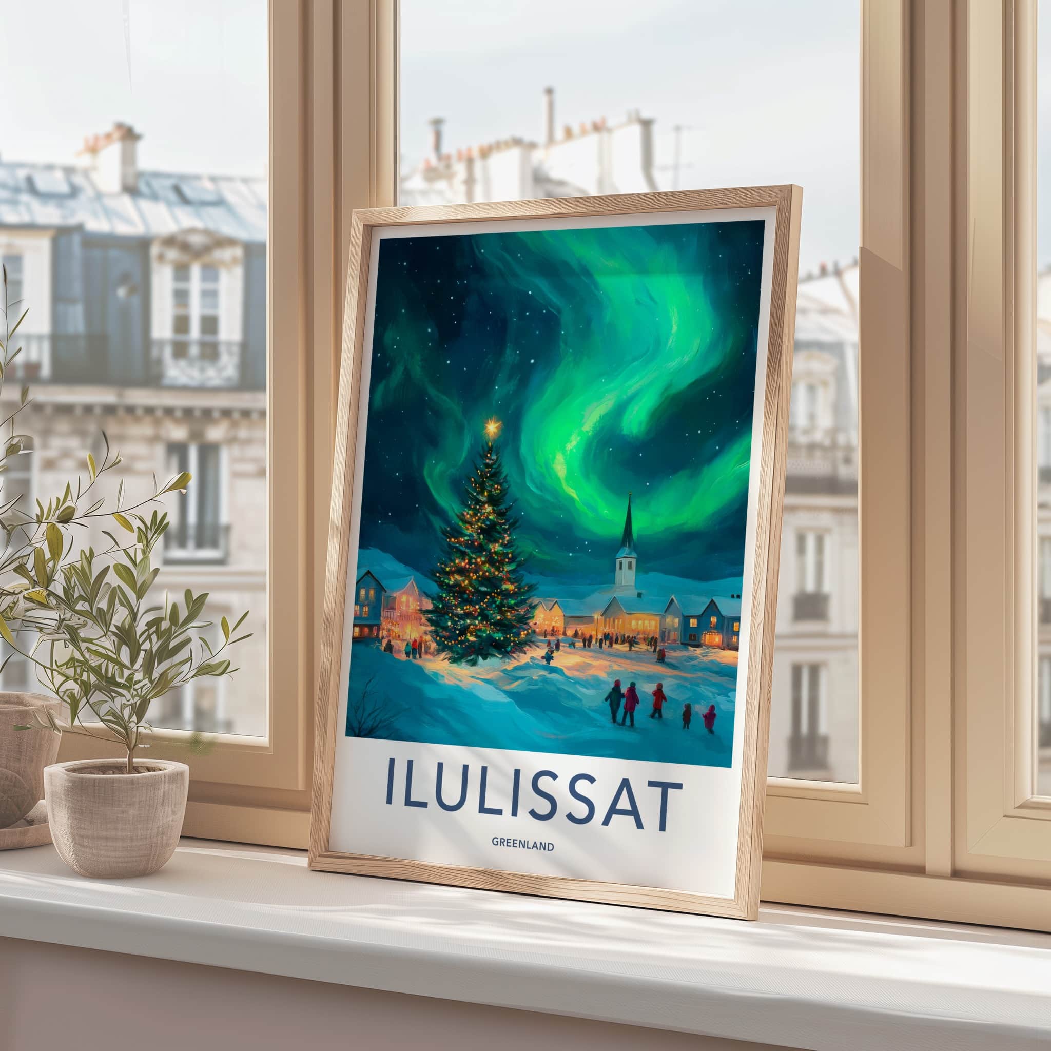 Ilulissat Poster - Greenland Travel Art - Christmas Aurora Village Home Decor