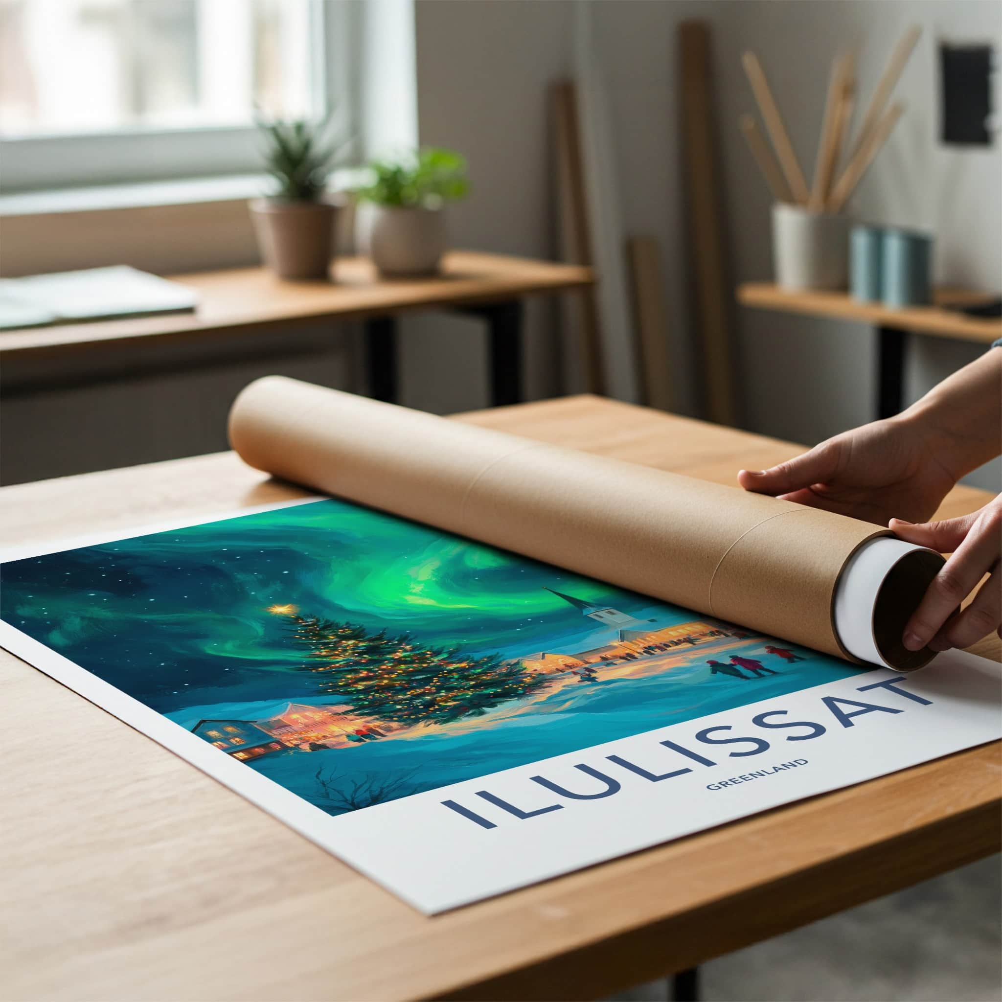 Ilulissat Poster - Greenland Travel Art - Christmas Aurora Village Home Decor