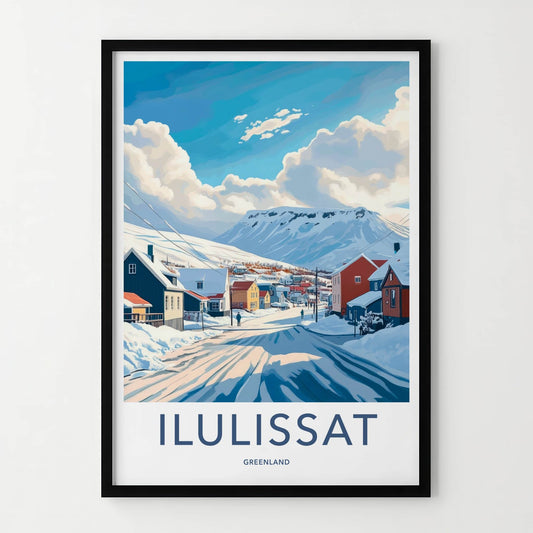 Ilulissat Poster - Greenland Travel Art - Winter Mountain Village Home Decor