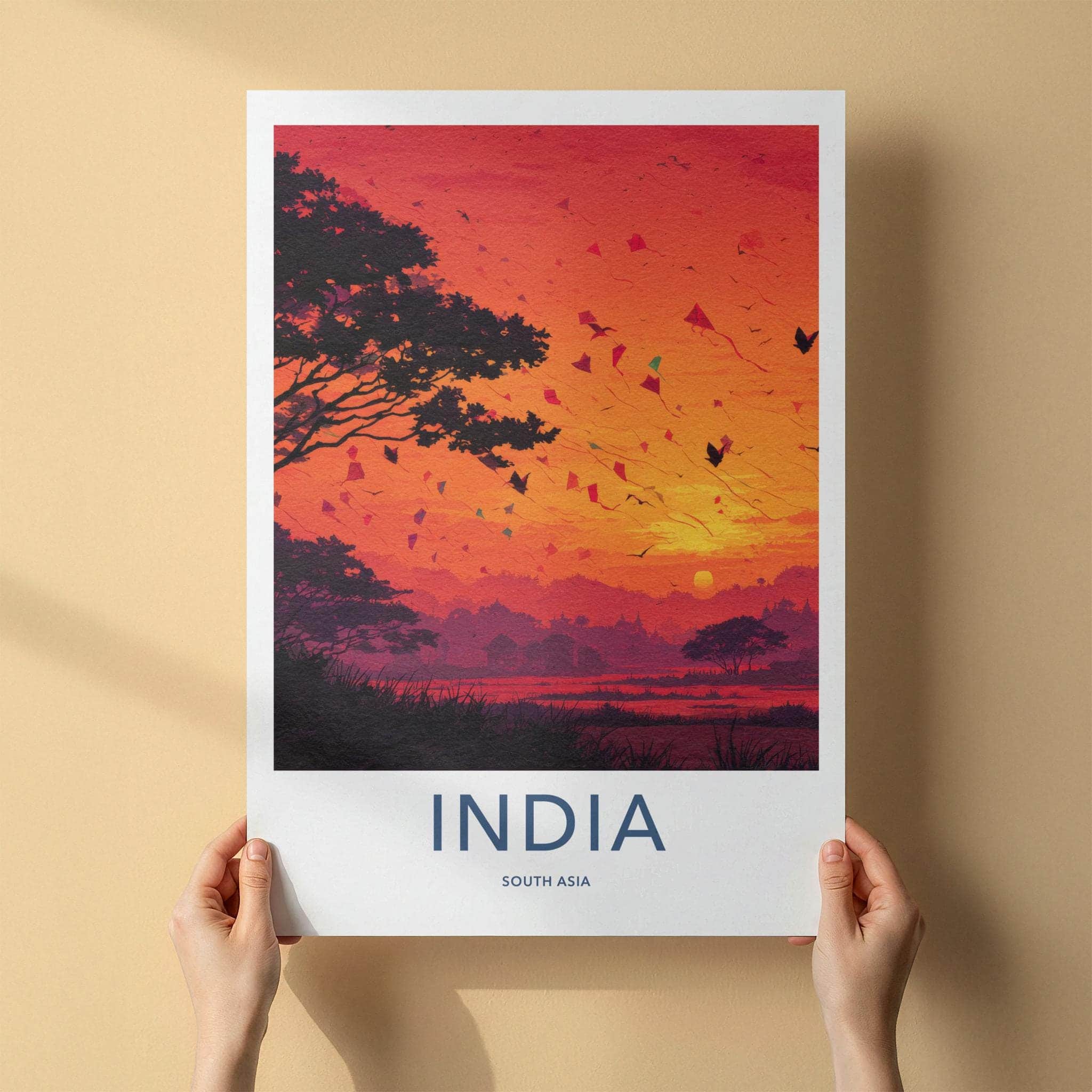 India Poster - India Travel Art - Gujarat Vibrant Sunset Kites Wall Decor
