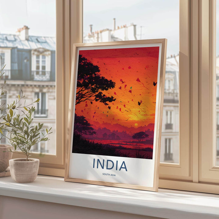 India Poster - India Travel Art - Gujarat Vibrant Sunset Kites Wall Decor