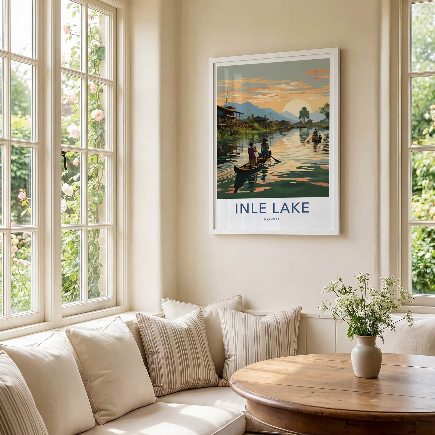 Inle Lake Poster - Myanmar Travel Art - Stilt Village Sunset Home Decor