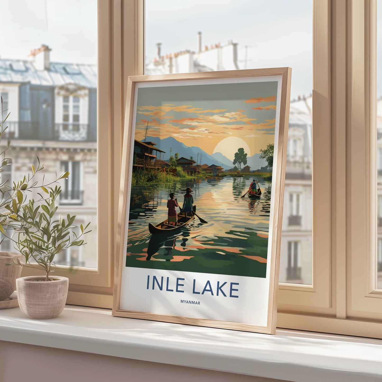 Inle Lake Poster - Myanmar Travel Art - Stilt Village Sunset Home Decor