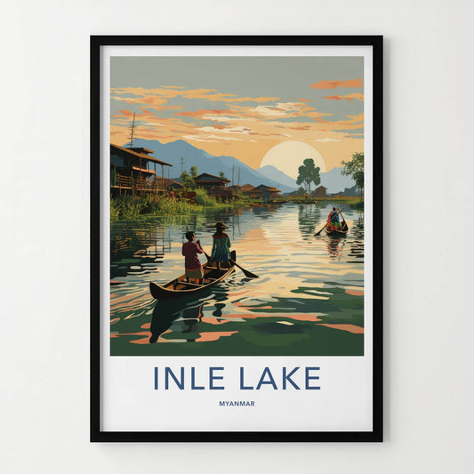 Inle Lake Poster - Myanmar Travel Art - Stilt Village Sunset Home Decor