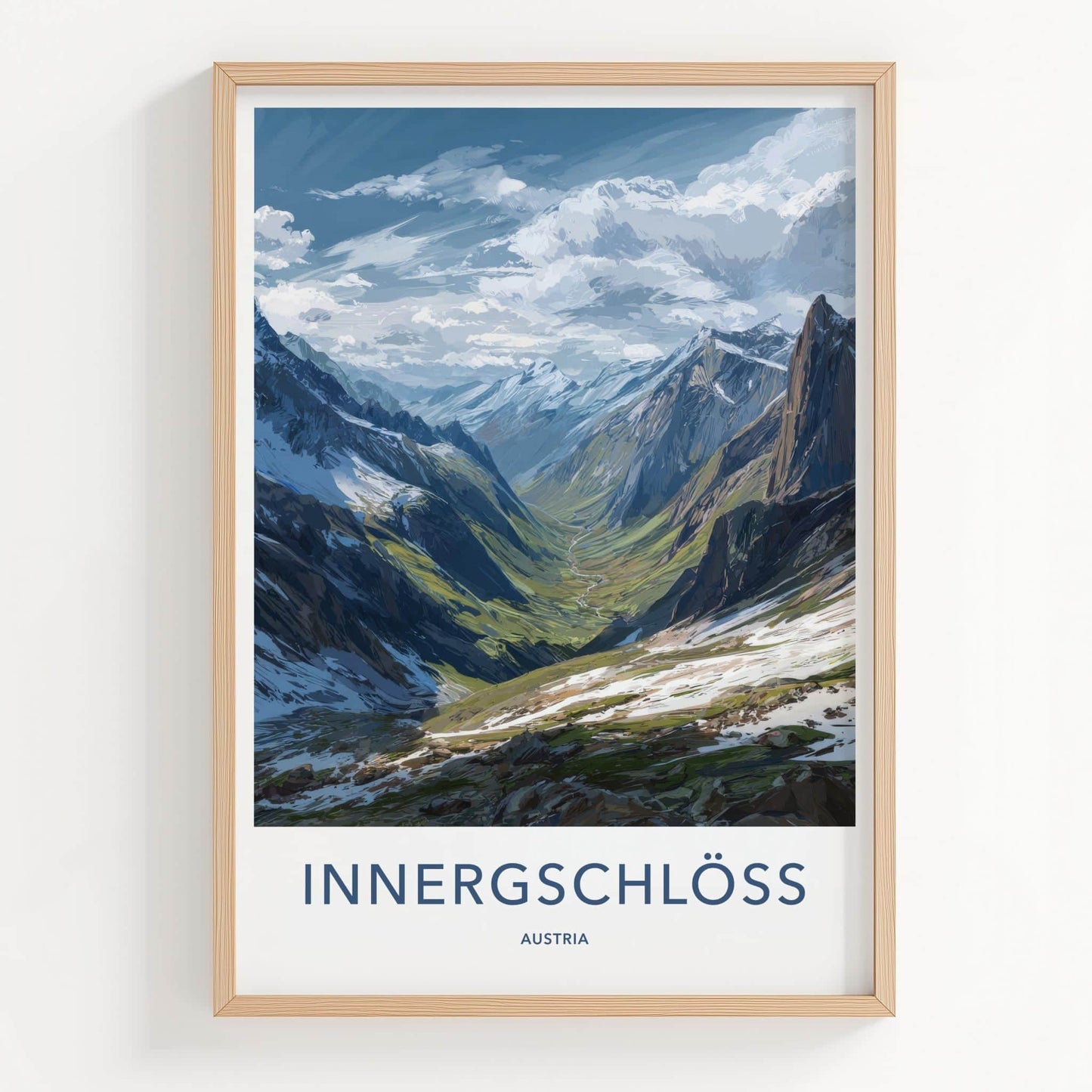 Innergschloss Poster - Austria Travel Art - Snowy Mountain Valley Home Decor