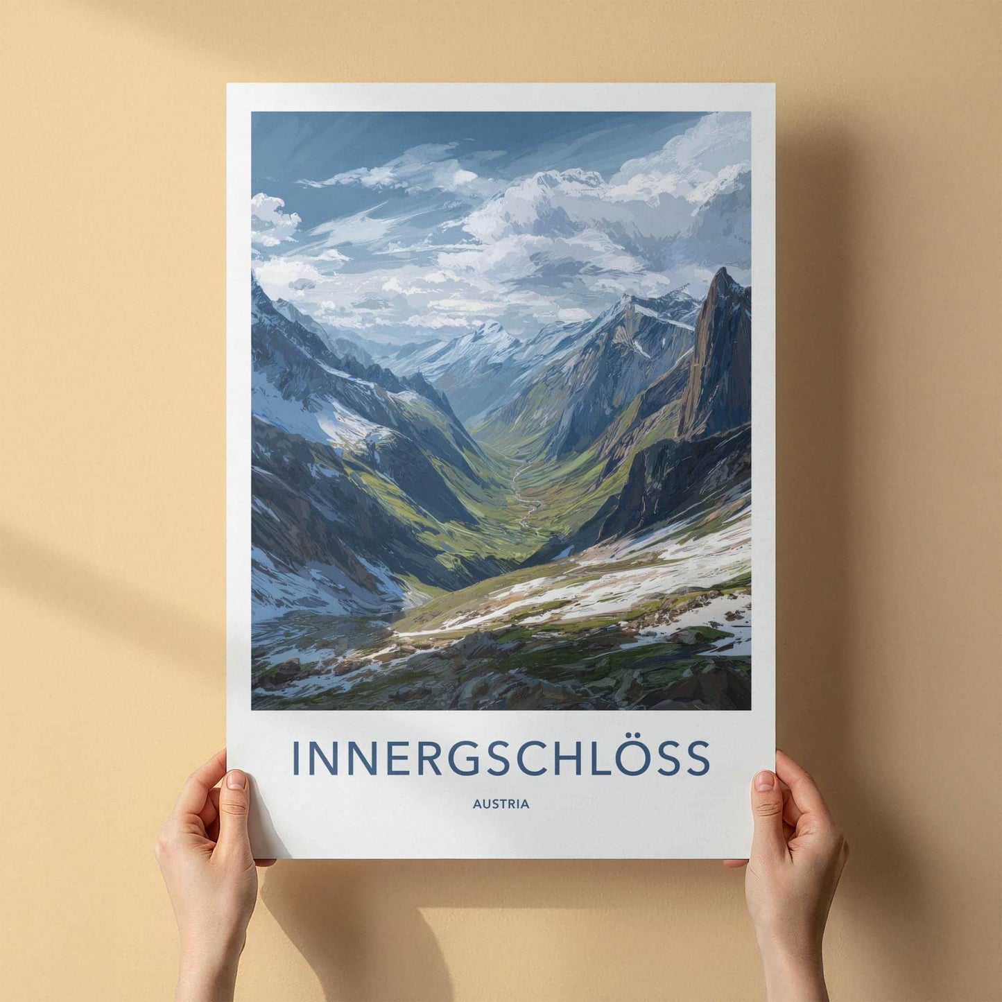 Innergschloss Poster - Austria Travel Art - Snowy Mountain Valley Home Decor