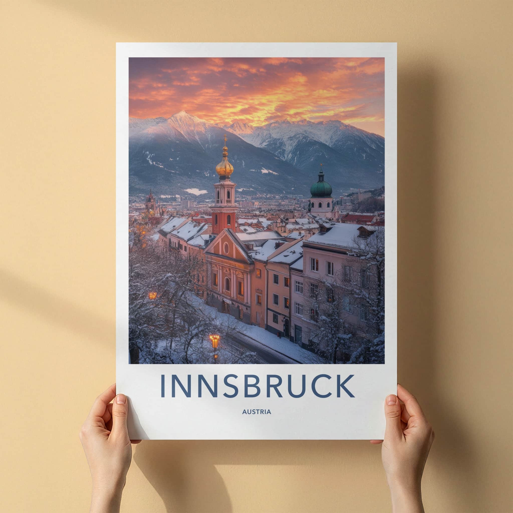 Innsbruck Poster - Austria Travel Art - Snowy City Sunset Home Decor