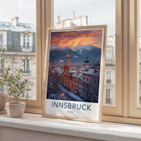 Innsbruck Poster - Austria Travel Art - Snowy City Sunset Home Decor
