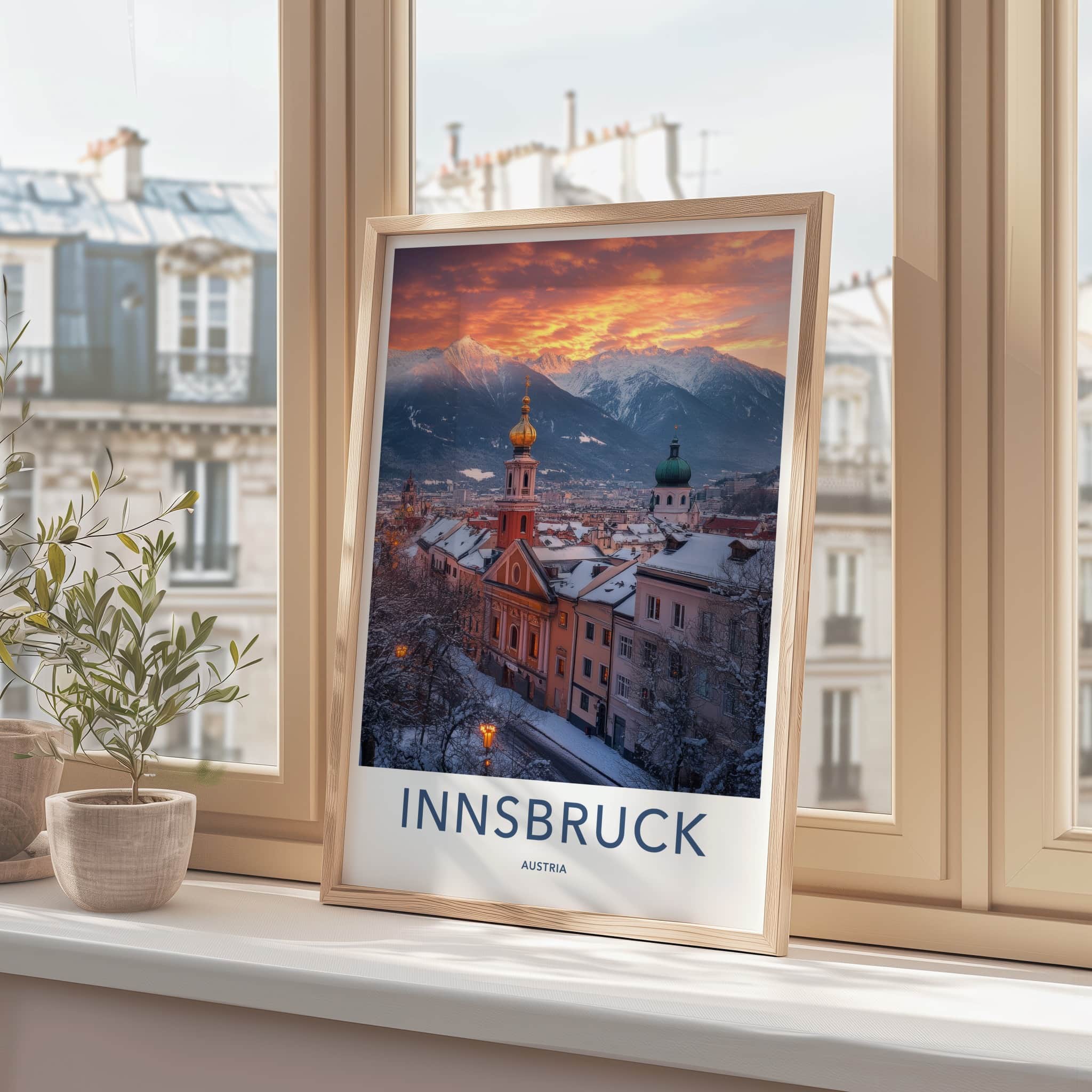 Innsbruck Poster - Austria Travel Art - Snowy City Sunset Home Decor