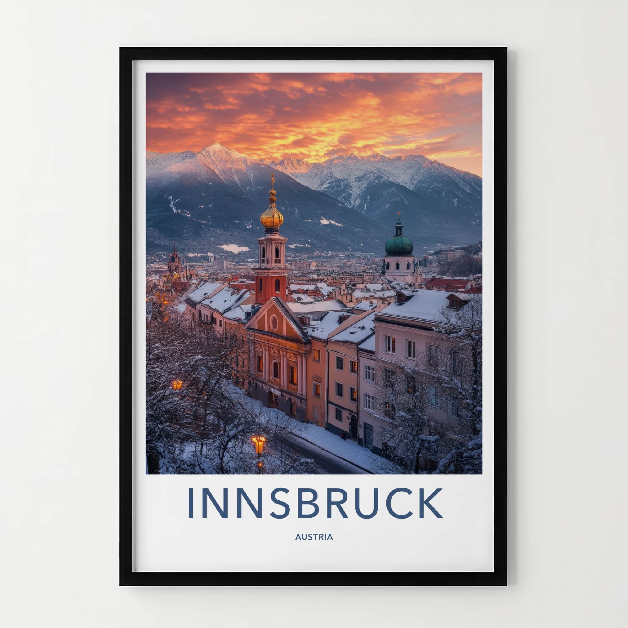 Innsbruck Poster - Austria Travel Art - Snowy City Sunset Home Decor