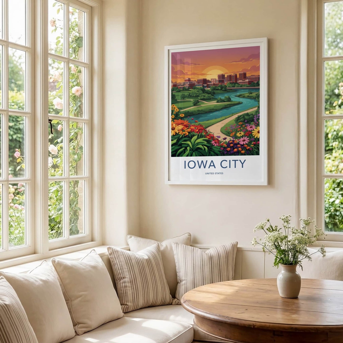 Iowa City Poster - Iowa Art Print - Sunset River Flowers Wall Decor