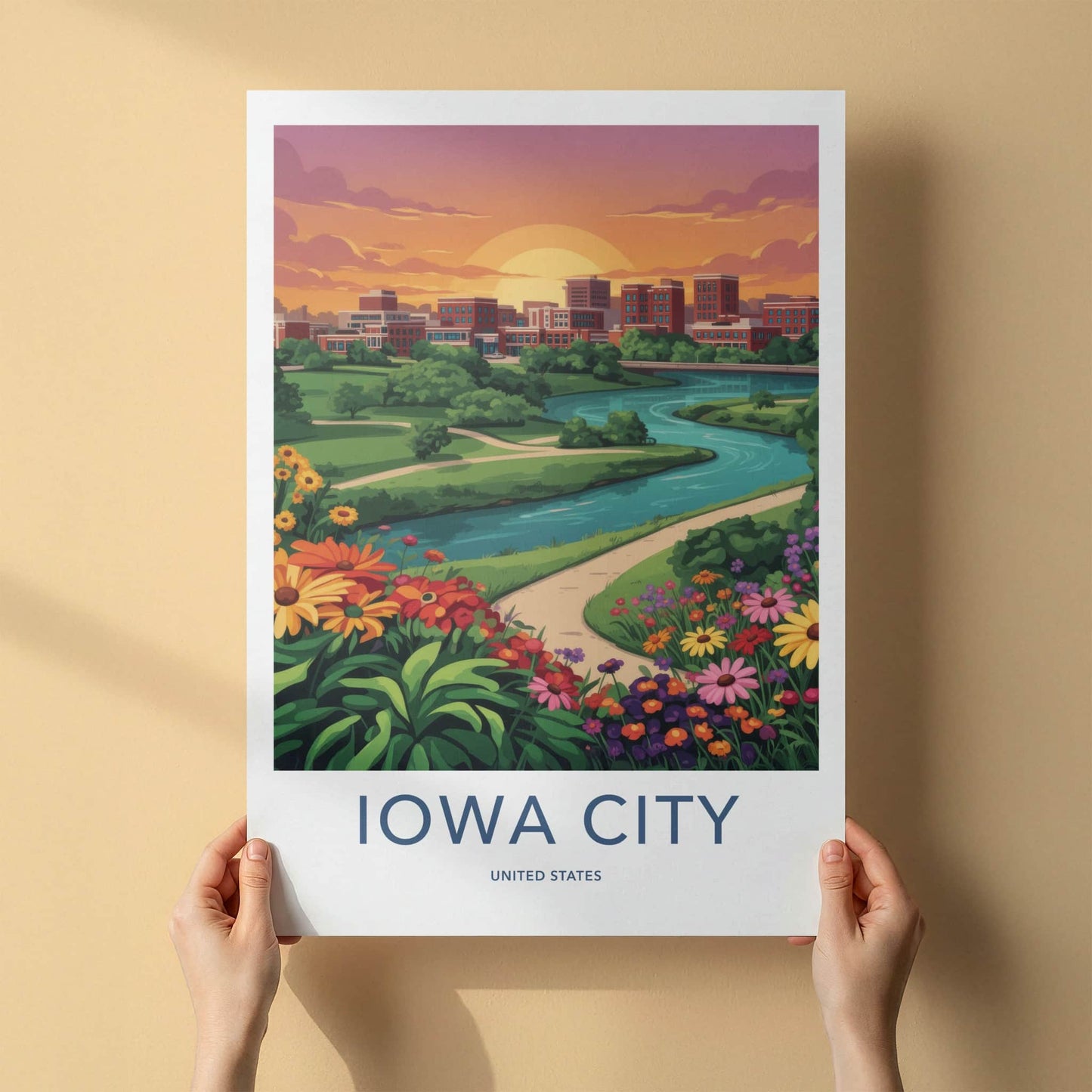 Iowa City Poster - Iowa Art Print - Sunset River Flowers Wall Decor