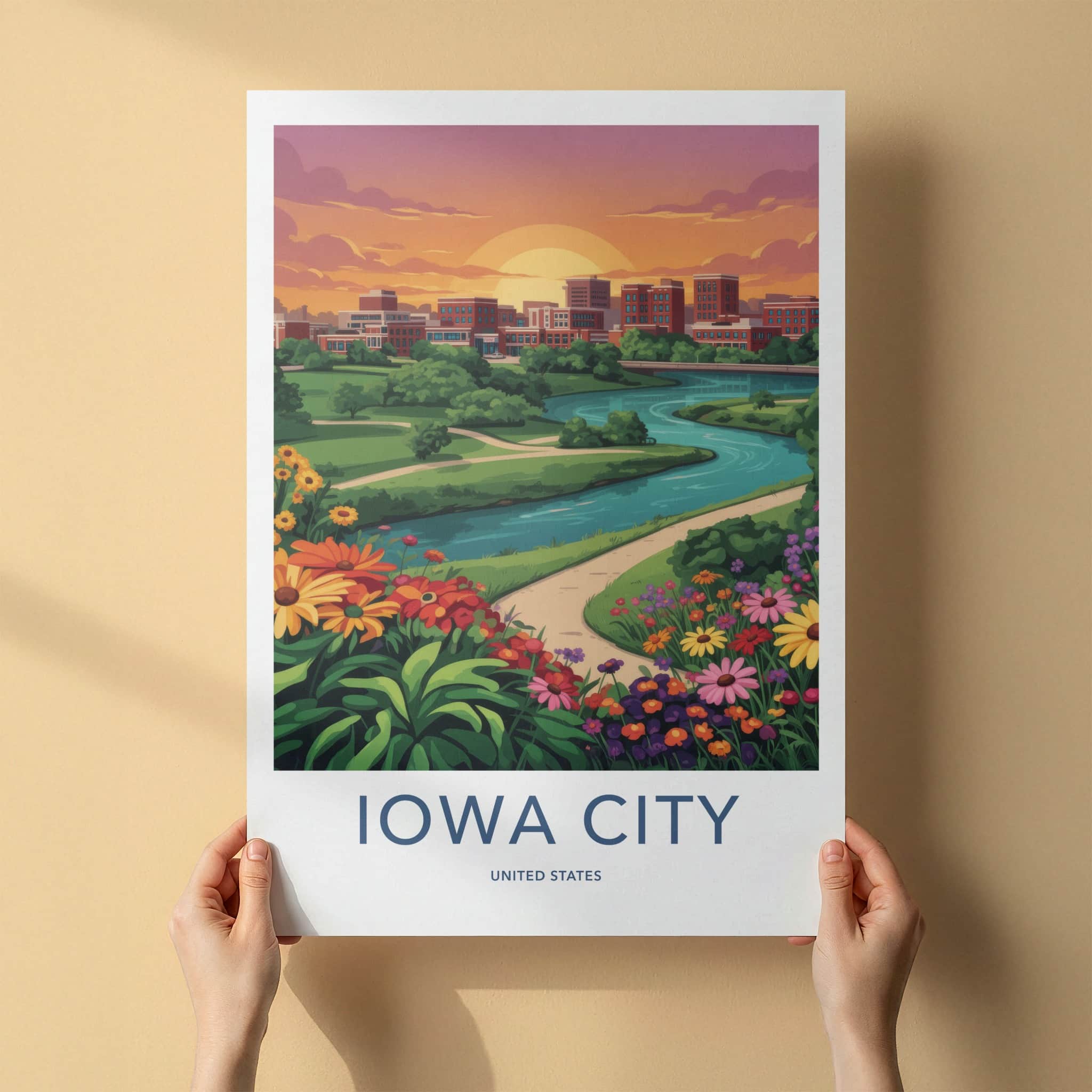 Iowa City Poster - Iowa Art Print - Sunset River Flowers Wall Decor