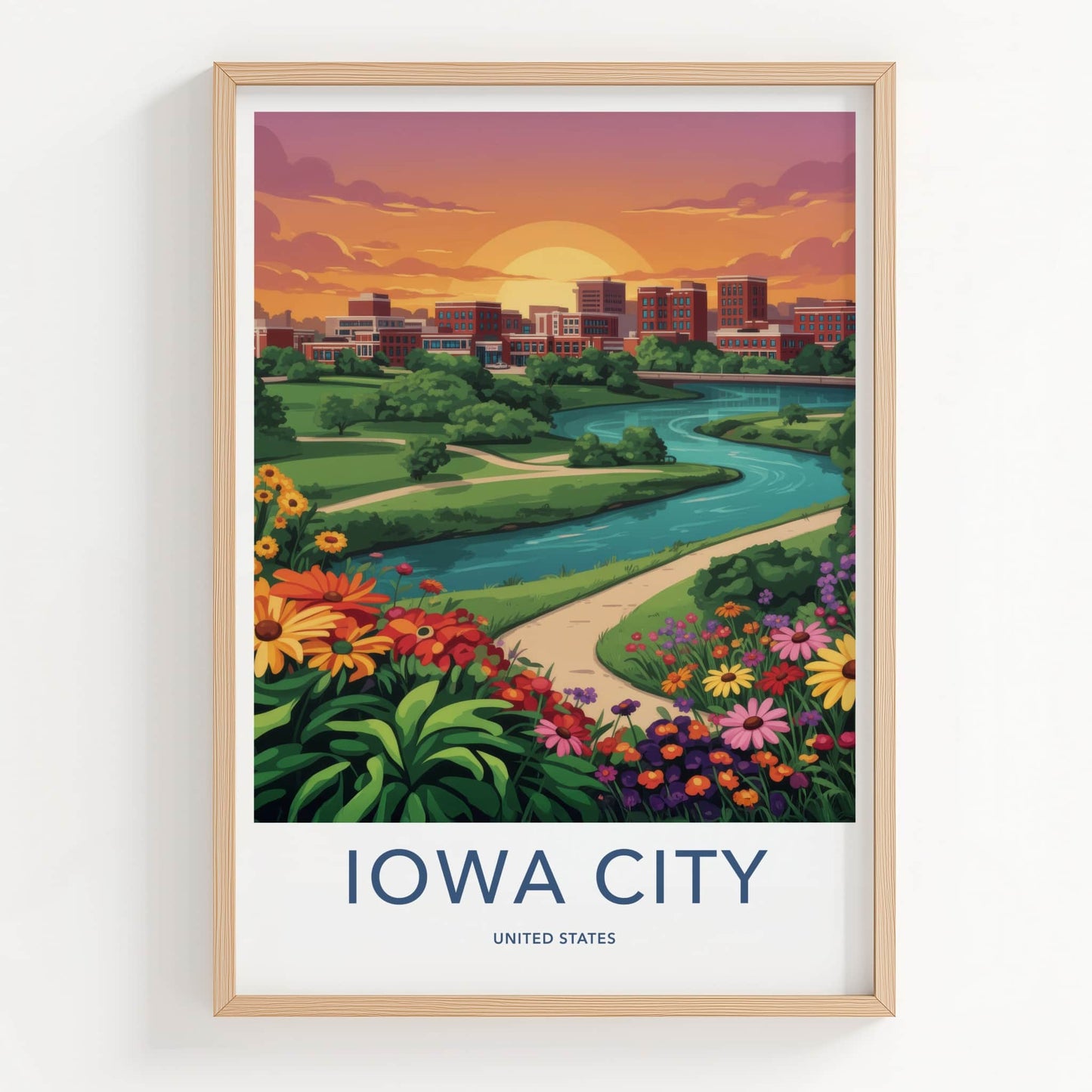 Iowa City Poster - Iowa Art Print - Sunset River Flowers Wall Decor