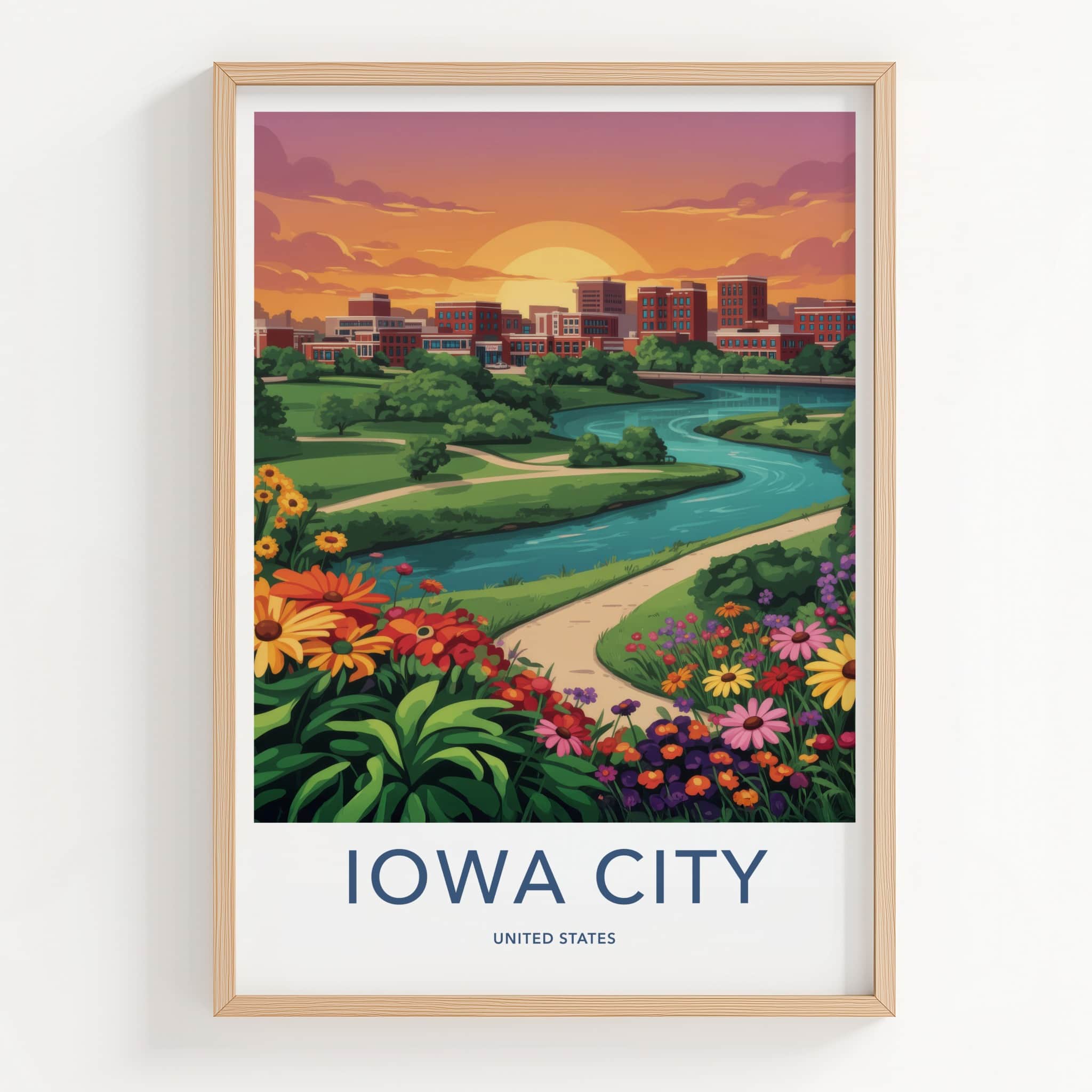 Iowa City Poster - Iowa Art Print - Sunset River Flowers Wall Decor