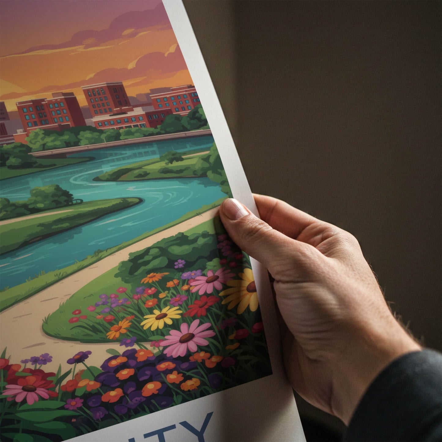 Iowa City Poster - Iowa Art Print - Sunset River Flowers Wall Decor