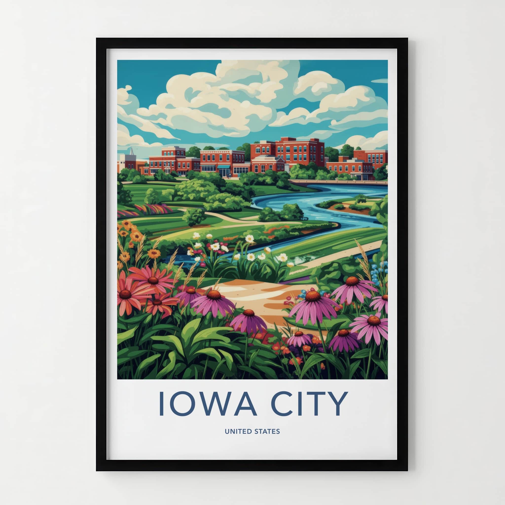 Iowa City Poster - Iowa Art Print - Vibrant Floral River Home Decor