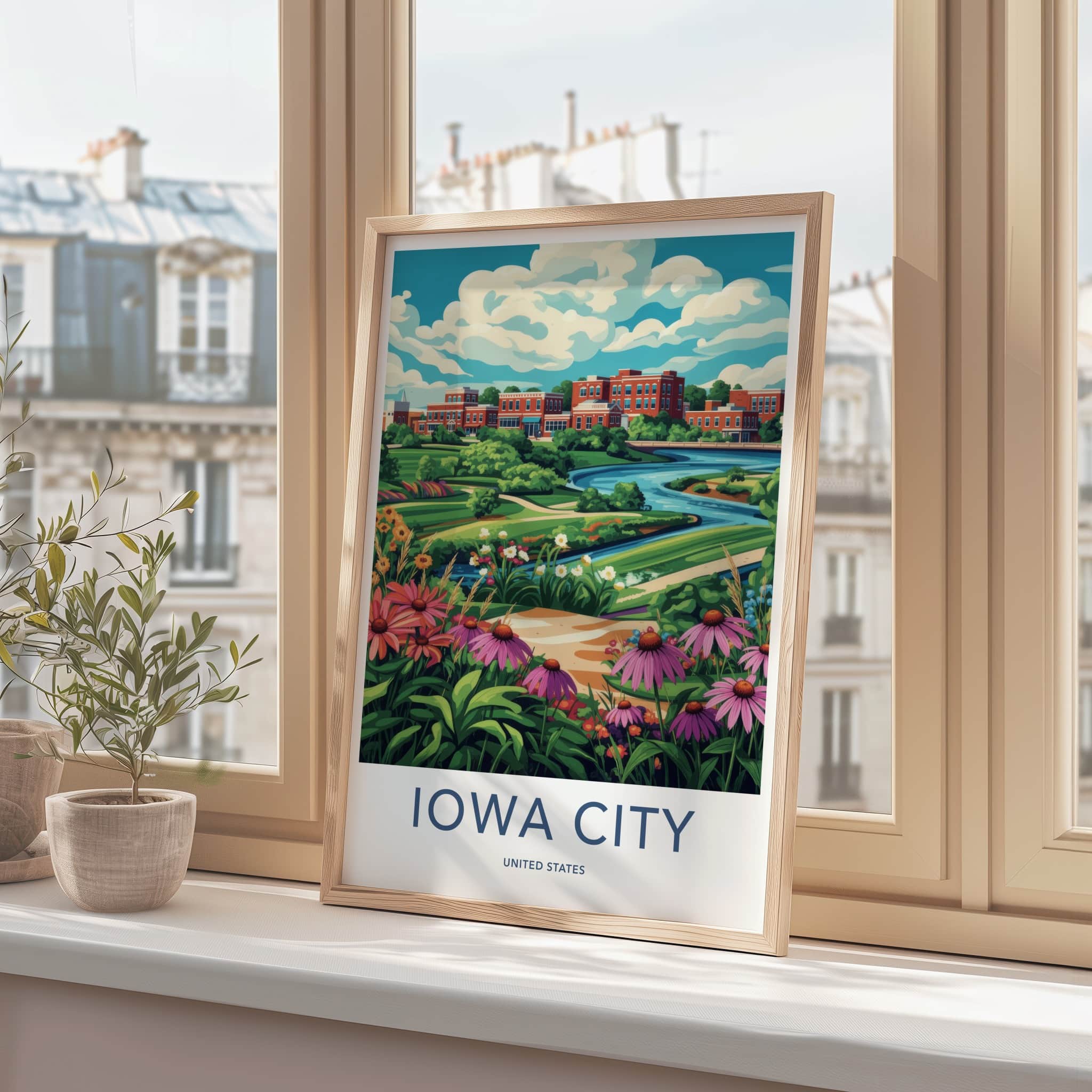 Iowa City Poster - Iowa Art Print - Vibrant Floral River Home Decor